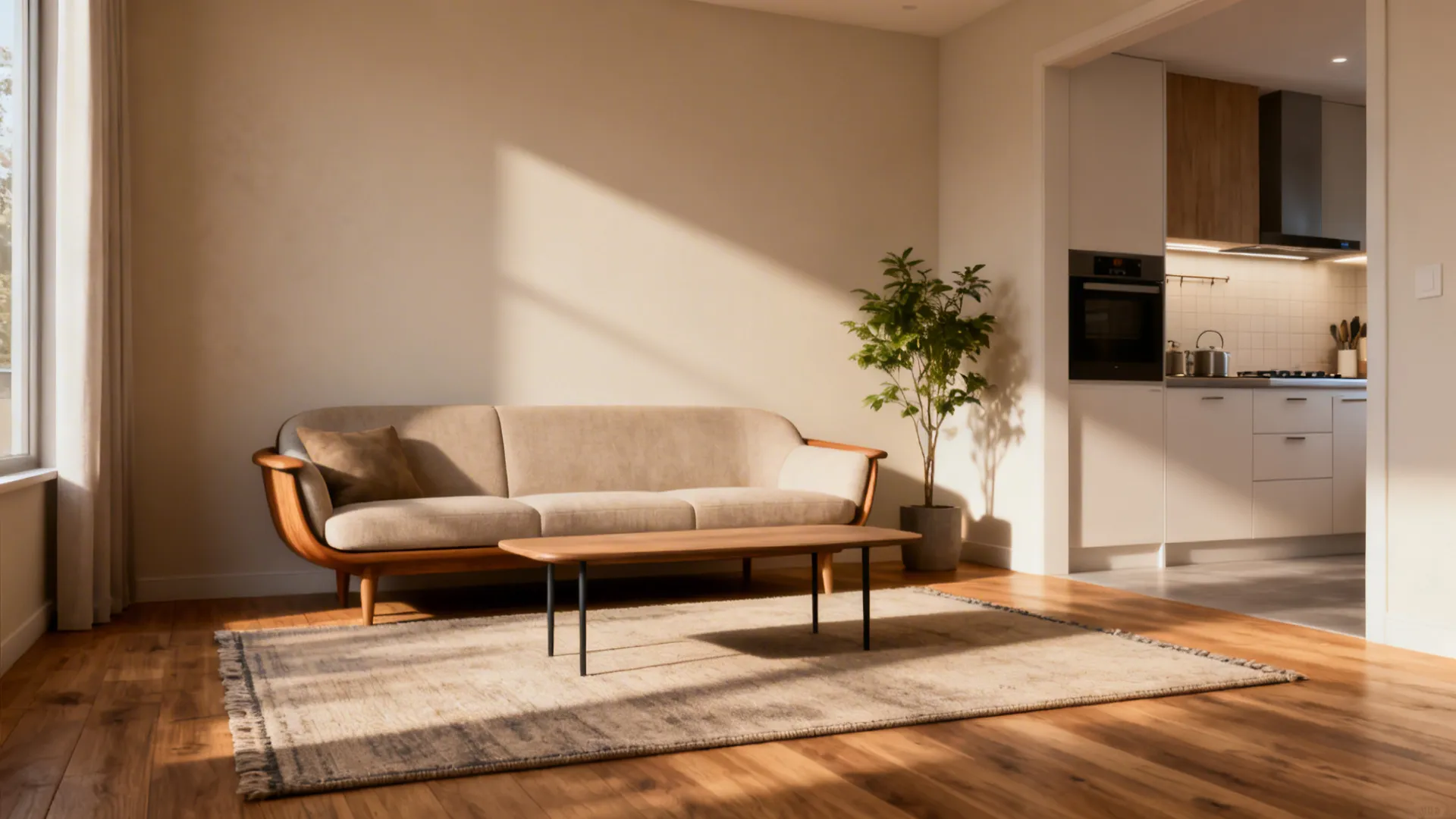 Compact living nook with a 5x7 rug under a loveseat and slim coffee table