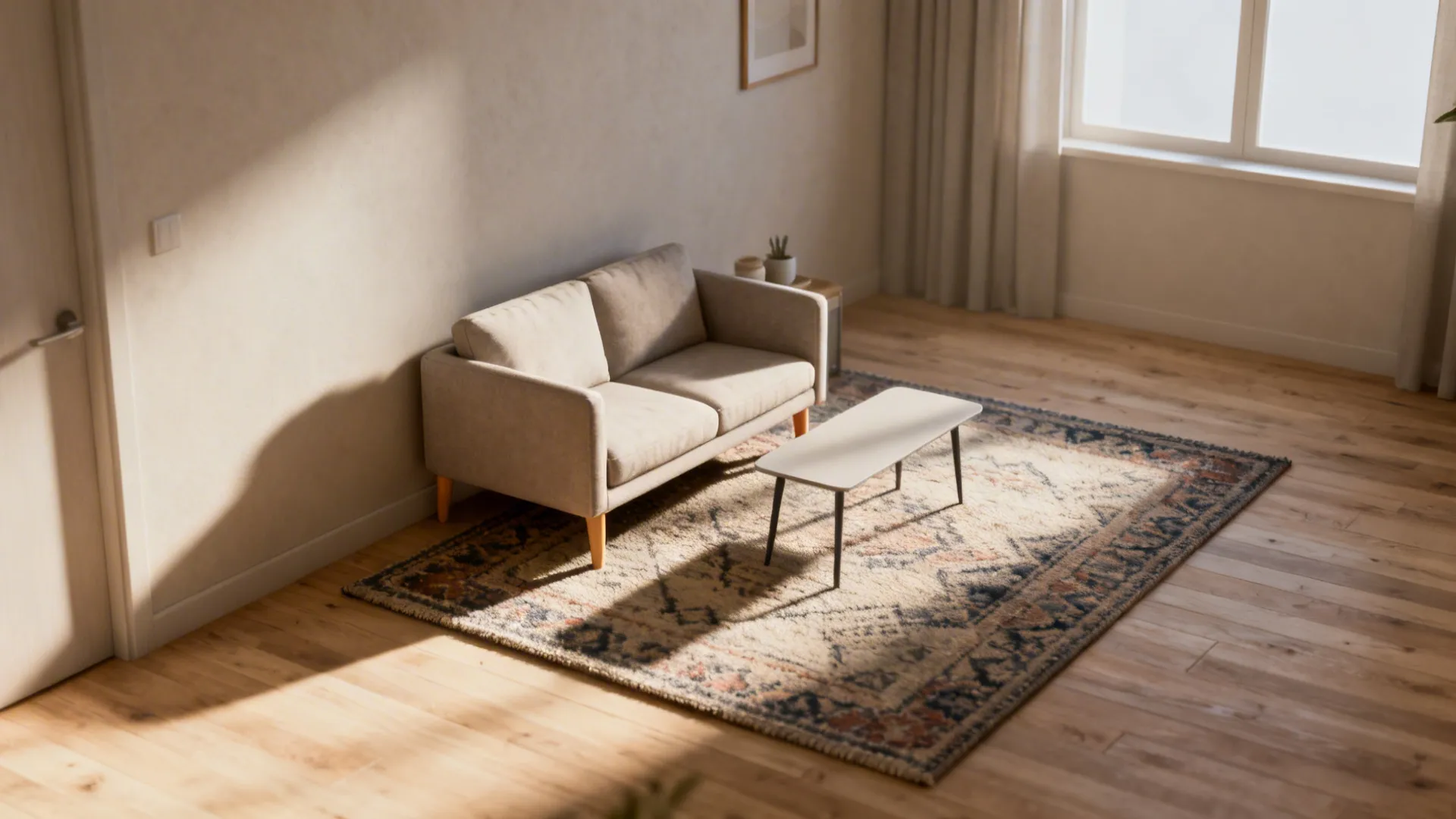 Compact living room with a 5x8 rug under the front legs of the sofa and a small coffee table.