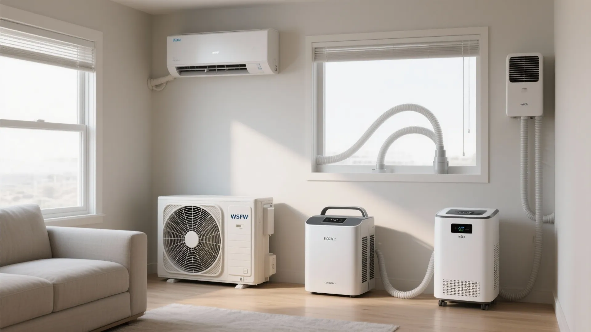 Collection of different air conditioner types like wall mounted and portable units for indoor home spaces