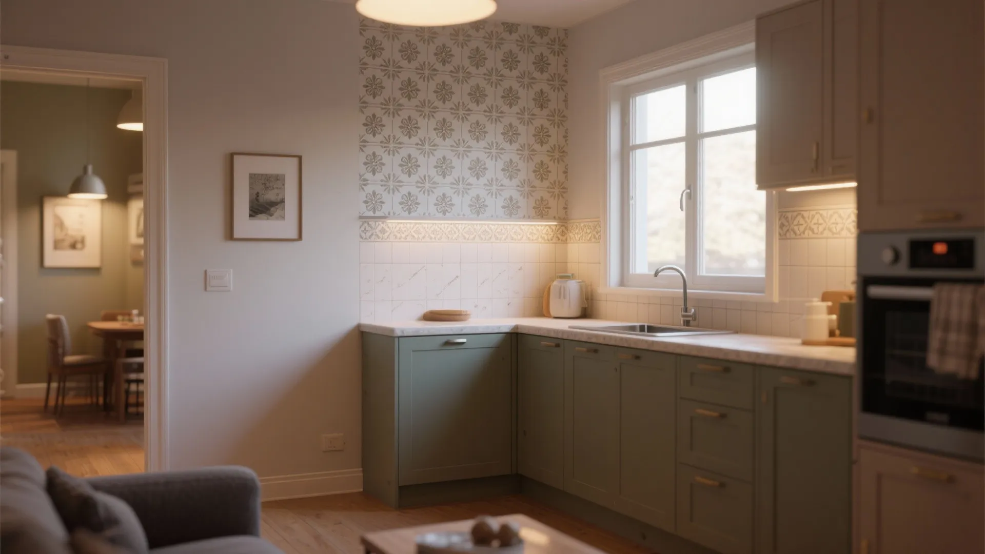 Modern green kitchen cabinets with white counters and a patterned wall panel under warm lighting