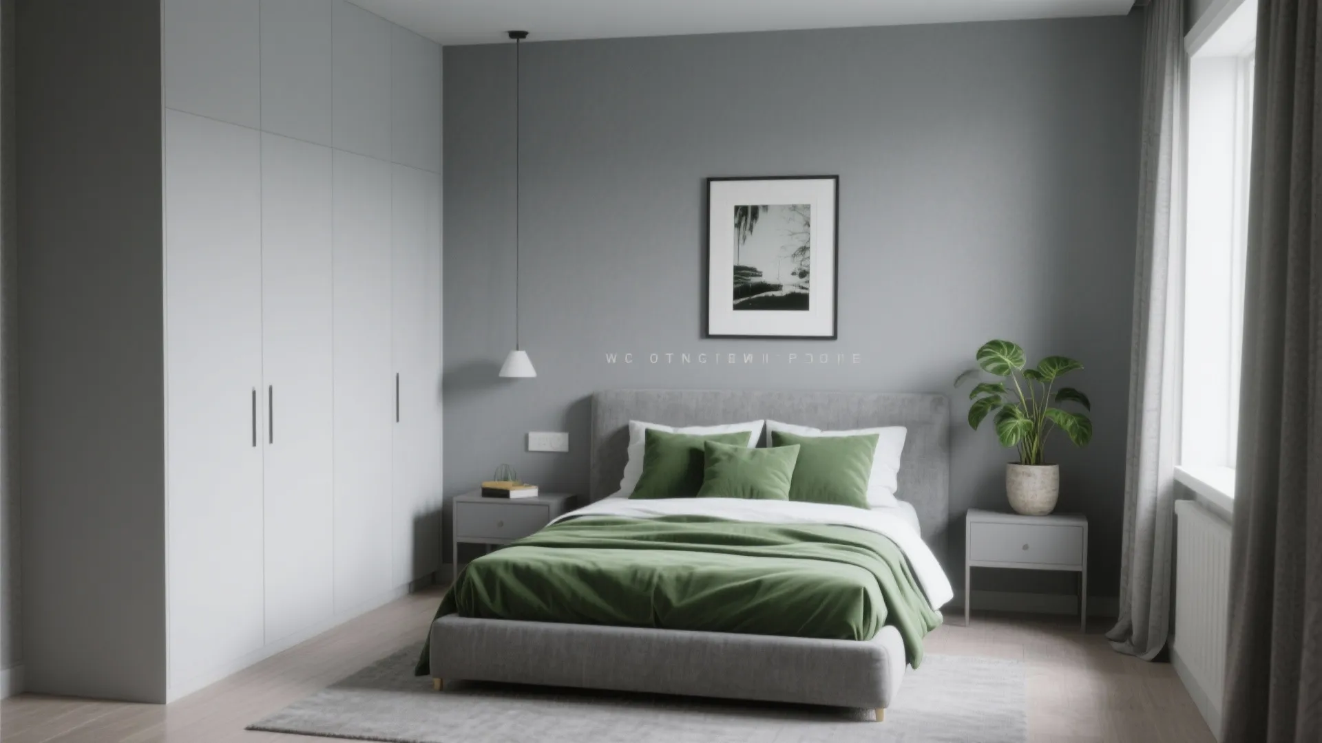 Minimalist grey bedroom with a white wardrobe and green bedding set plus a potted plant