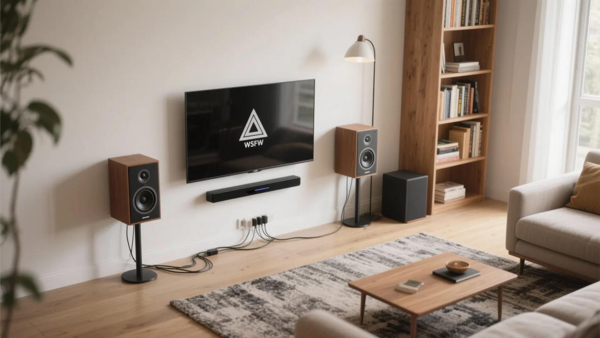 Small living room showing compact speakers, a sub, rug, curtains, and optional soundbar placement.