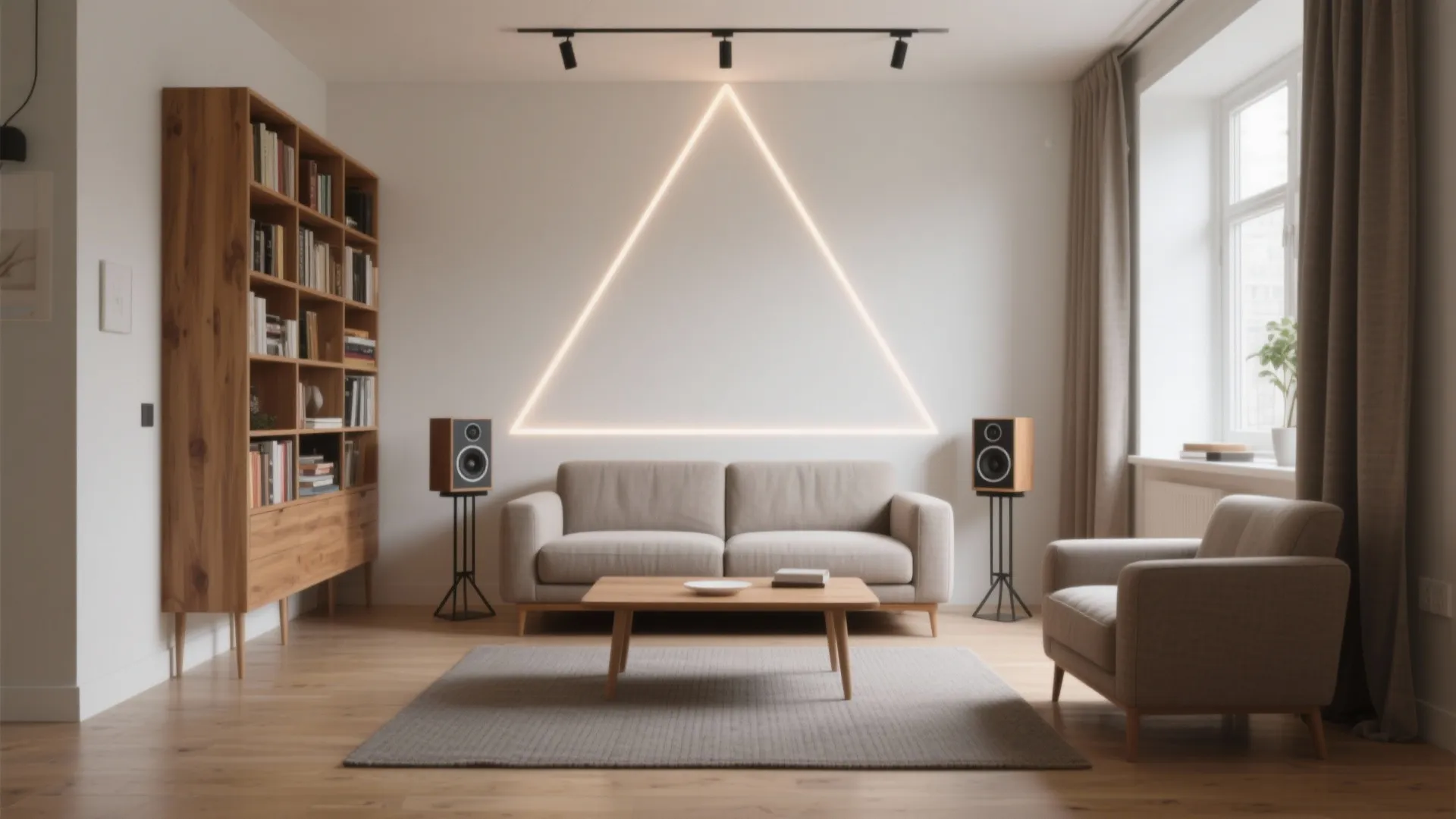 Modern living room with grey sofa wooden coffee table bookshelf and triangle light on wall