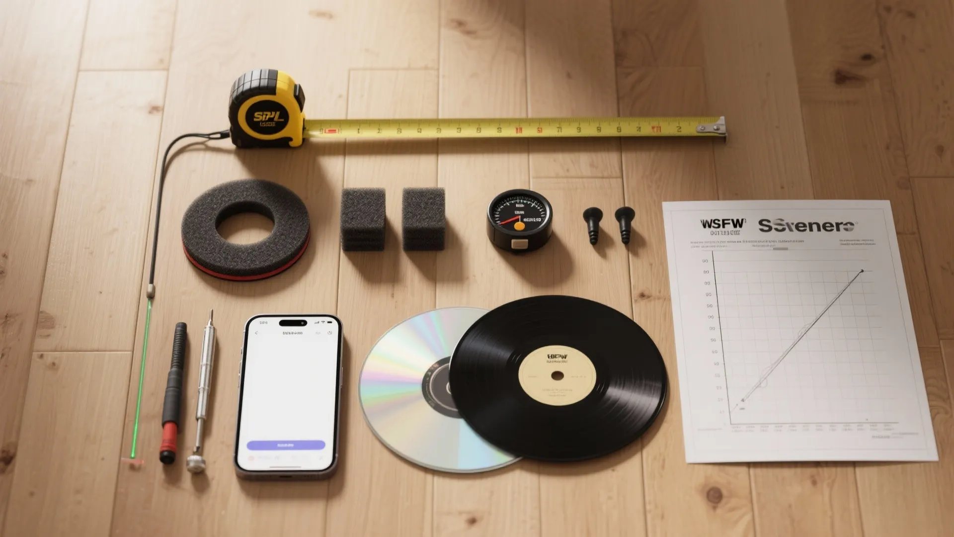 Various tools including tape measure phone vinyl record and graph paper layout on a wooden floor