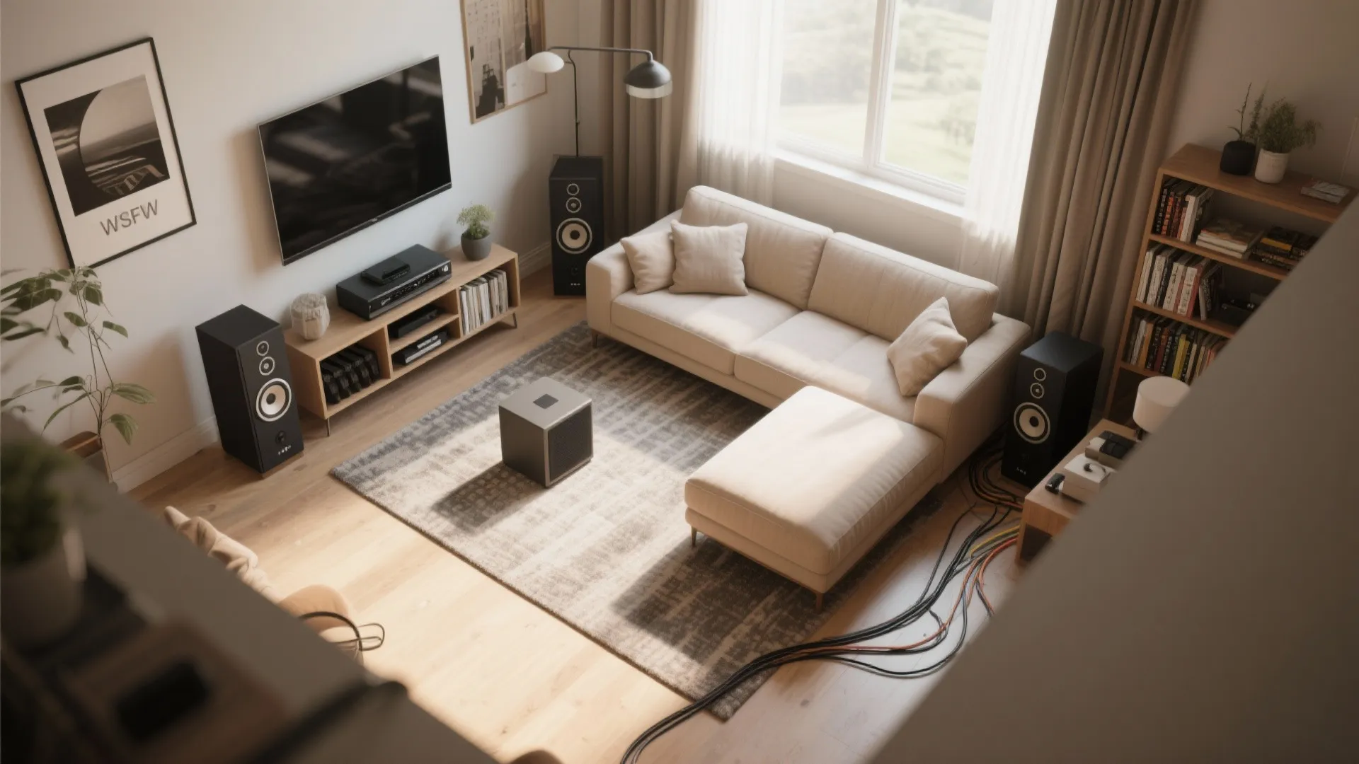 Top-down plan showing nearfield layout, compact speakers, sub, soft treatments, and tidy cables.