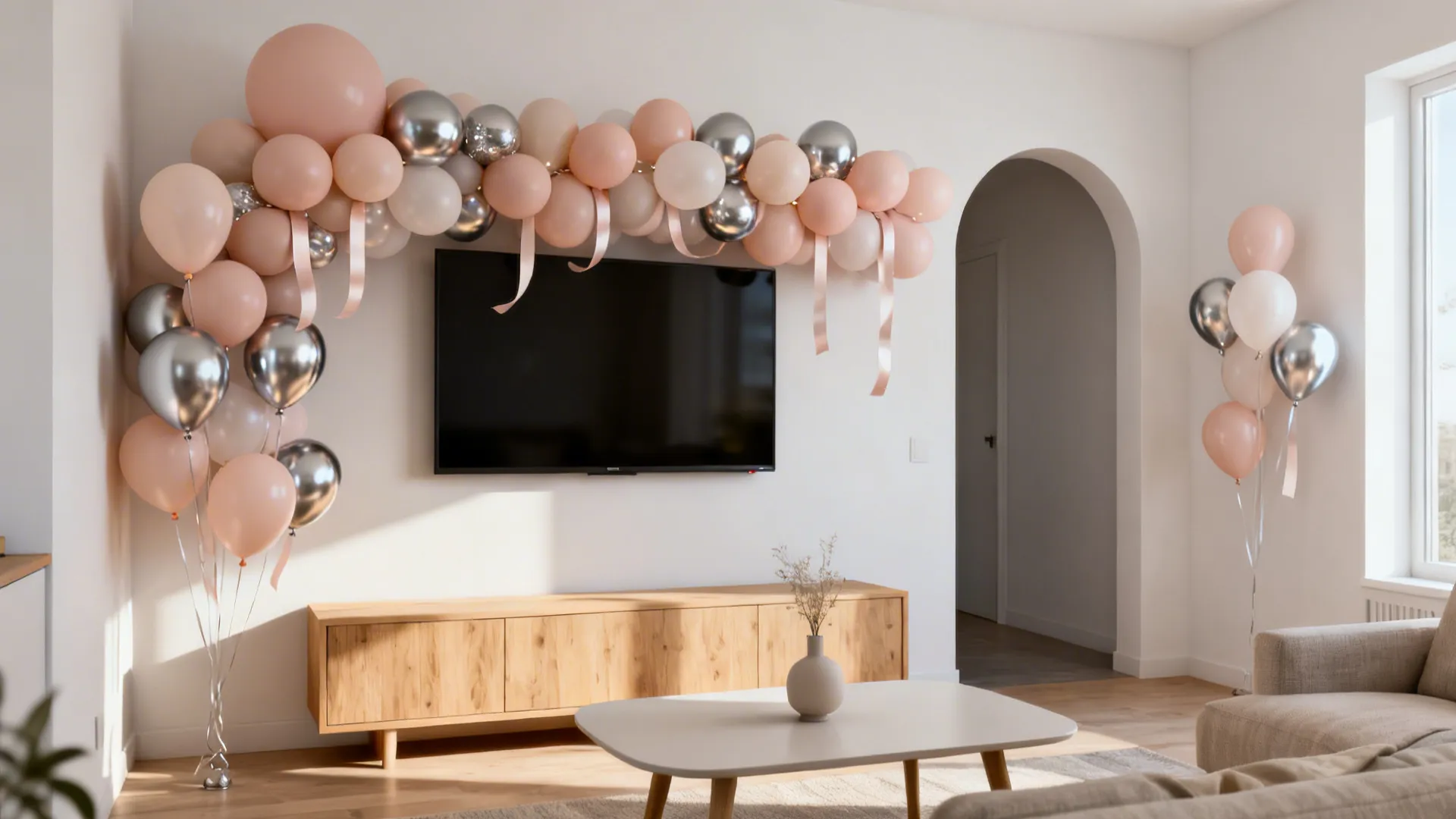 Modern living room with pink and silver balloons around a television and a wooden cabinet