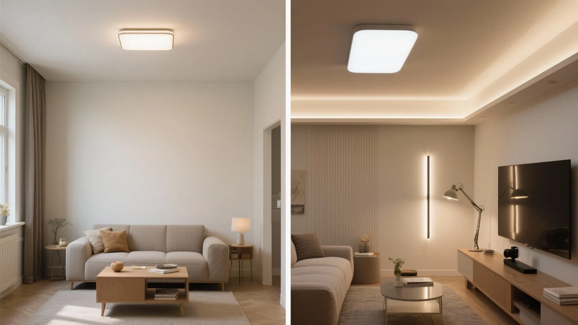 Before and after living room lighting upgrade with ceiling light wall light and hidden strip light