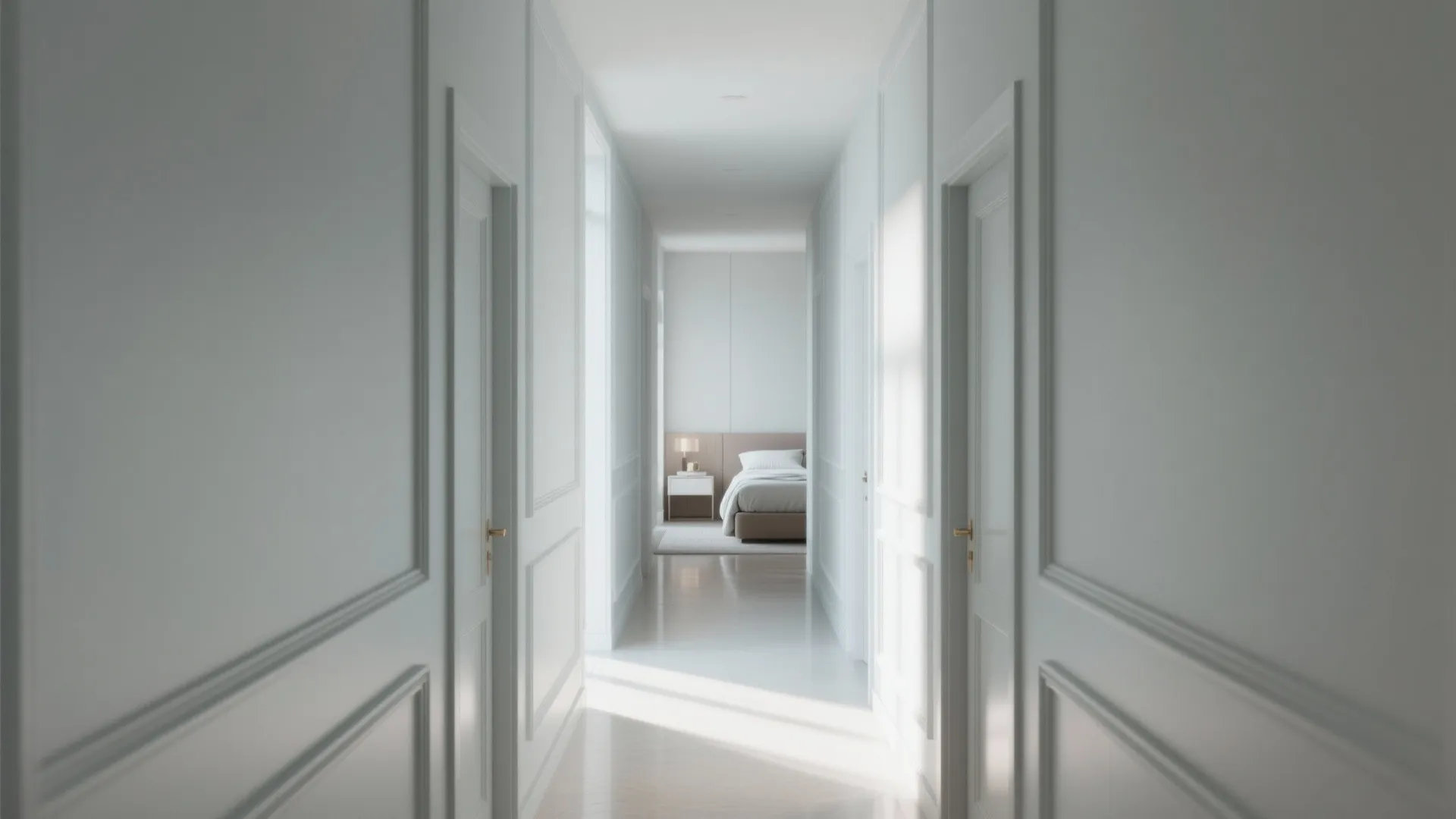 Bright long hallway with white wall panel designs leading to a modern minimalist bedroom area