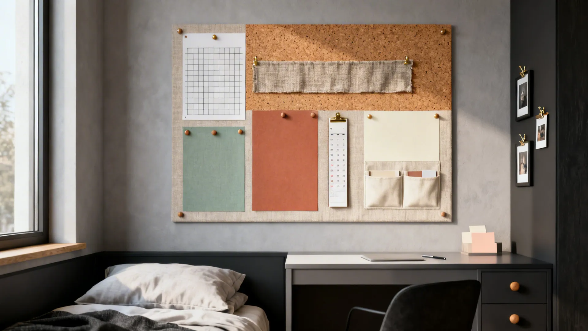 Small bedroom with desk and mood board on wall showing colors and layout design ideas