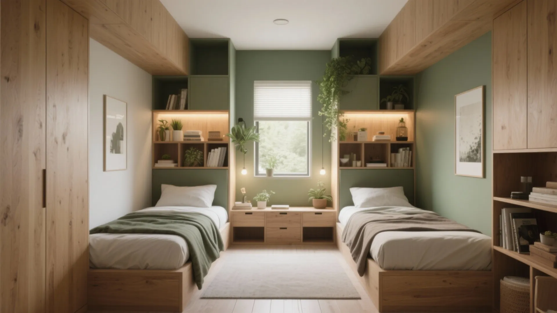 Small bedroom with two twin beds green walls wooden shelving units and a bright window