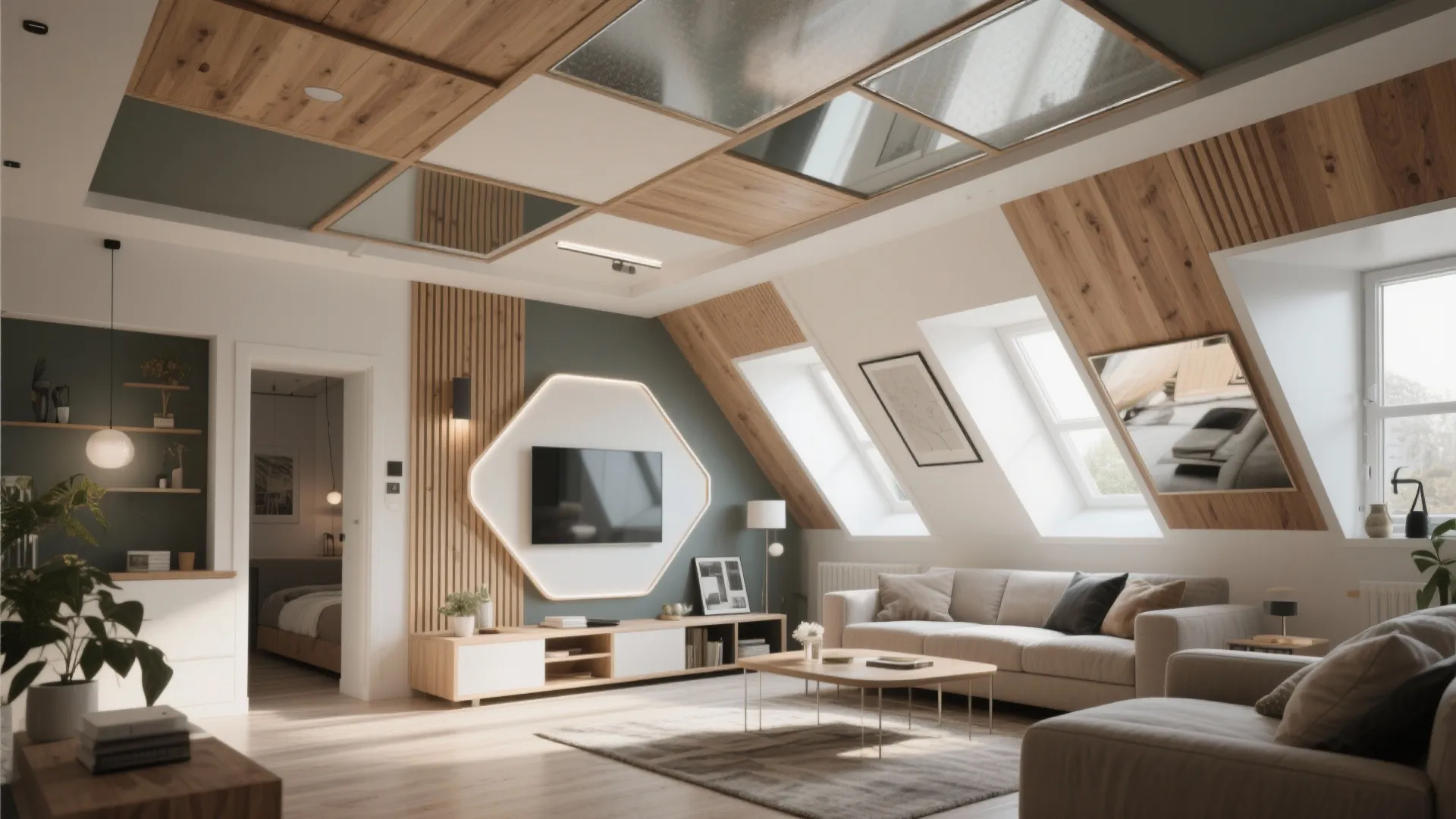 Modern attic living room with sloped wood ceiling windows beige sofa and wall mounted television