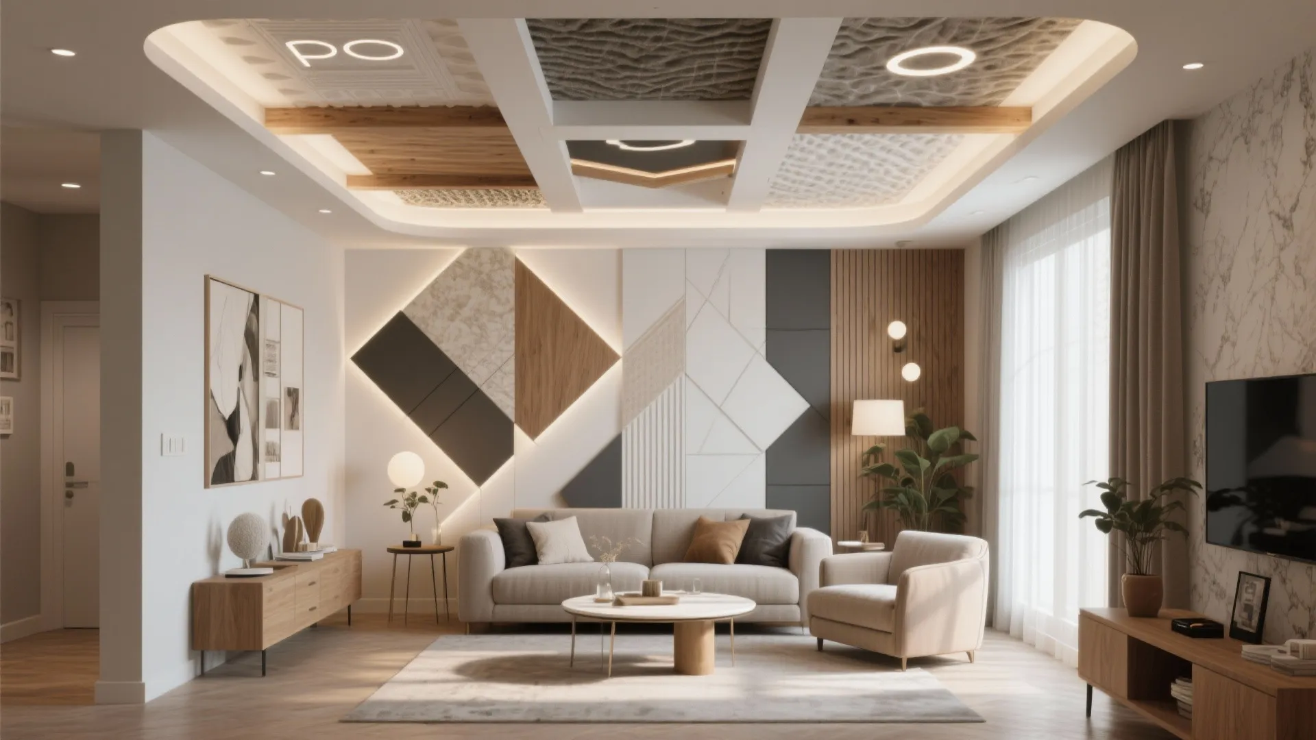Modern living room with geometric wall panel decorative ceiling lights sofa and round wooden table