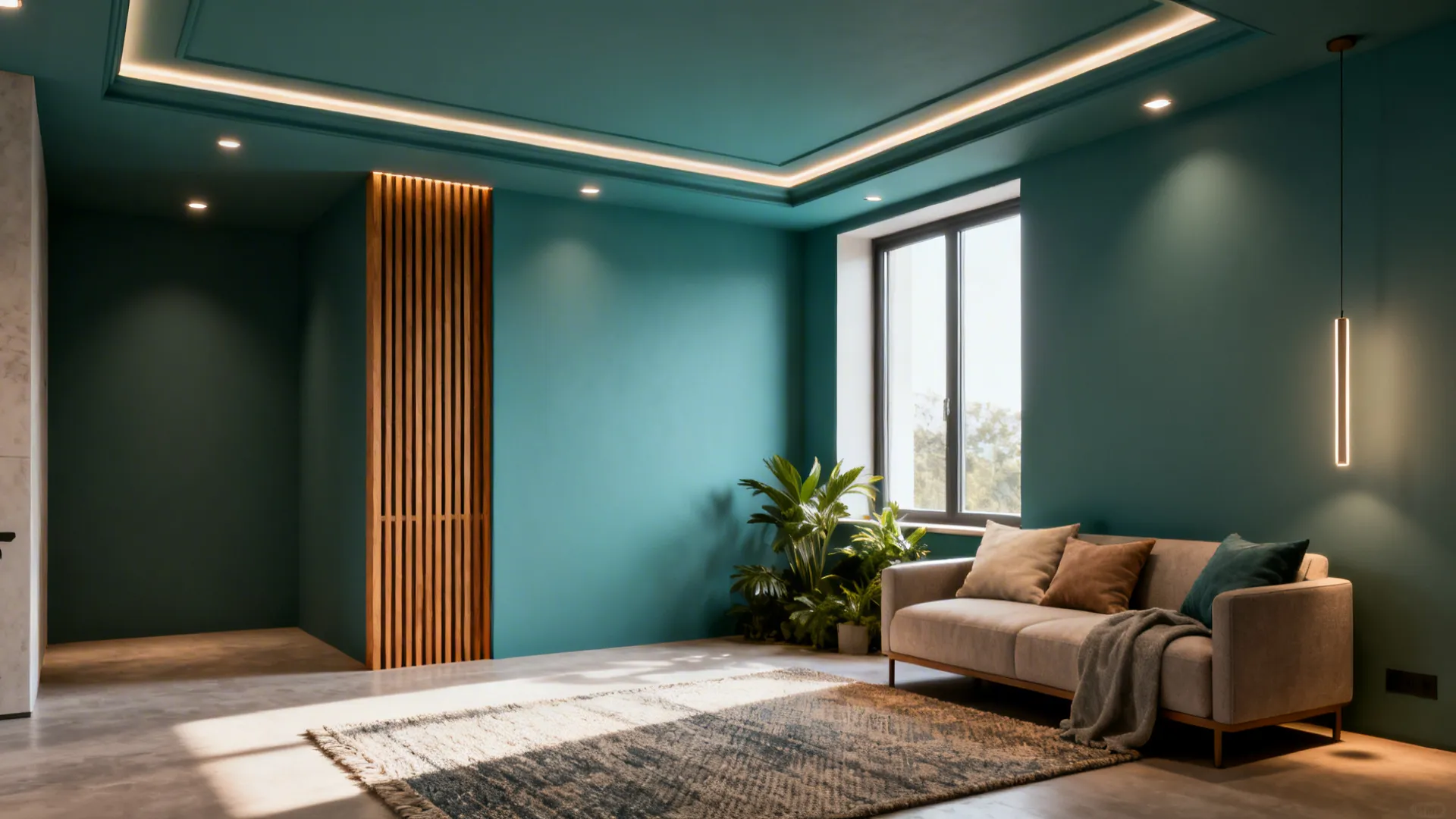 Modern green living room with grey sofa carpet wood wall panel and hidden ceiling lights