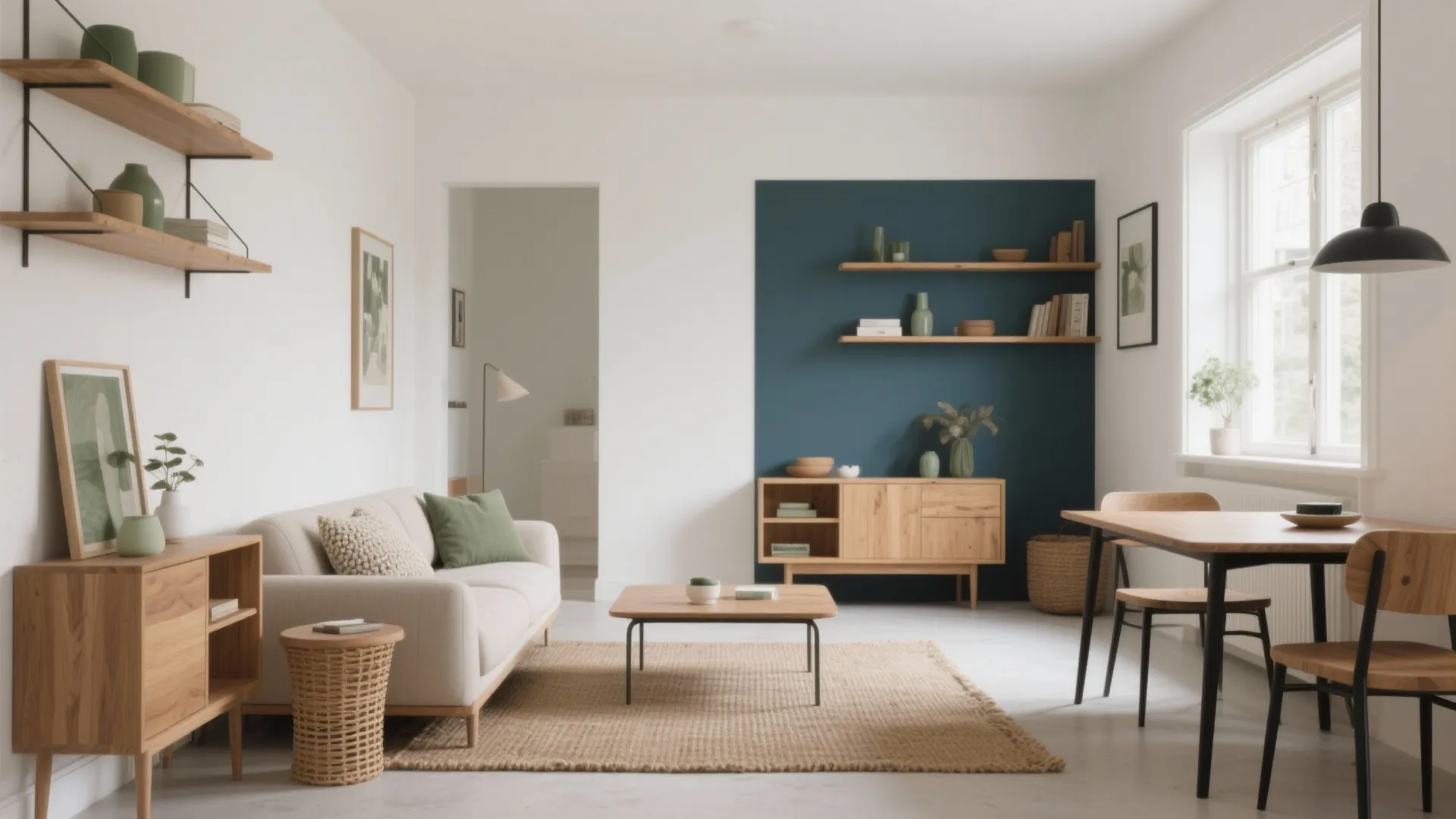 Modern living room with white walls teal accent wall wooden cabinet sofa and dining table set