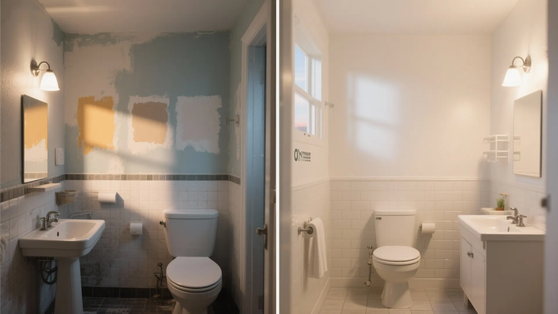Before and after comparison of a bathroom renovation showing old blue walls versus clean white tiles