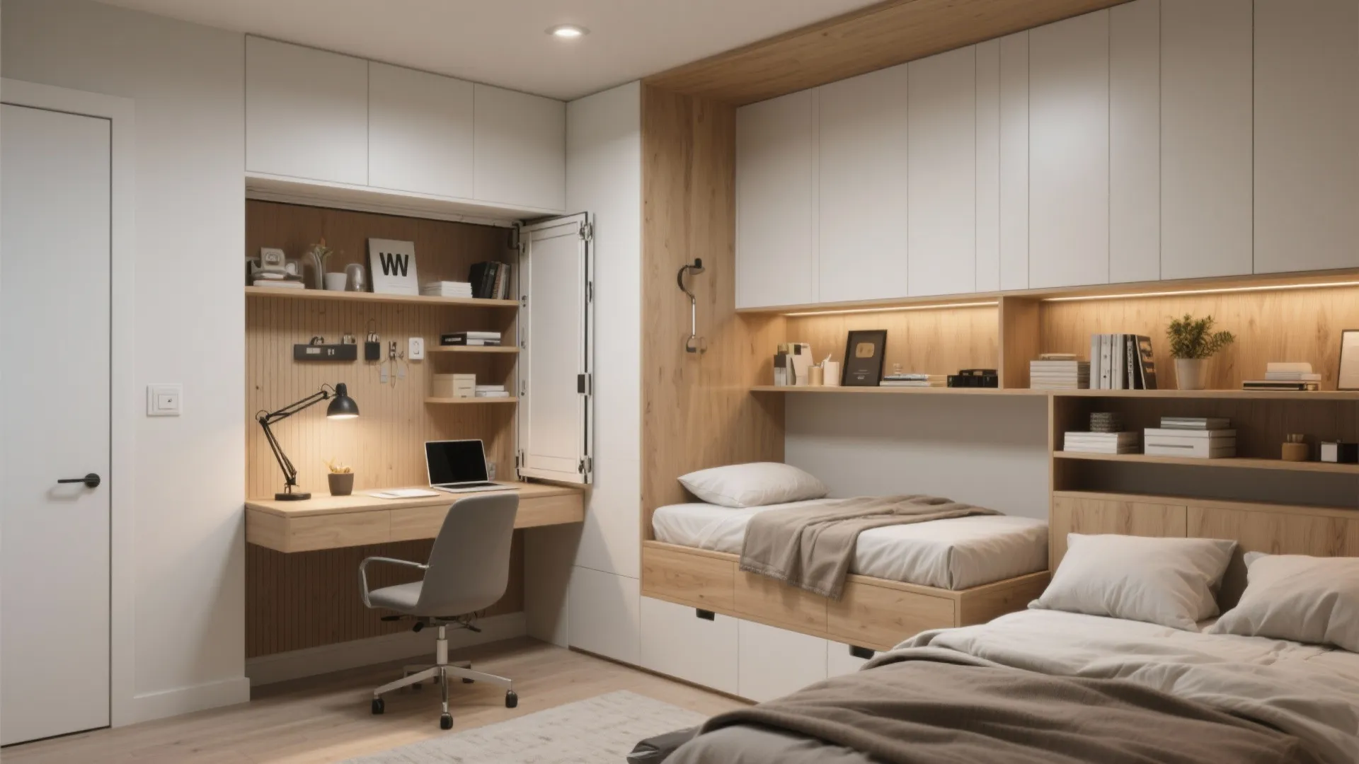 Small bedroom fitted with a Murphy desk and flexible built-ins for office or guest use