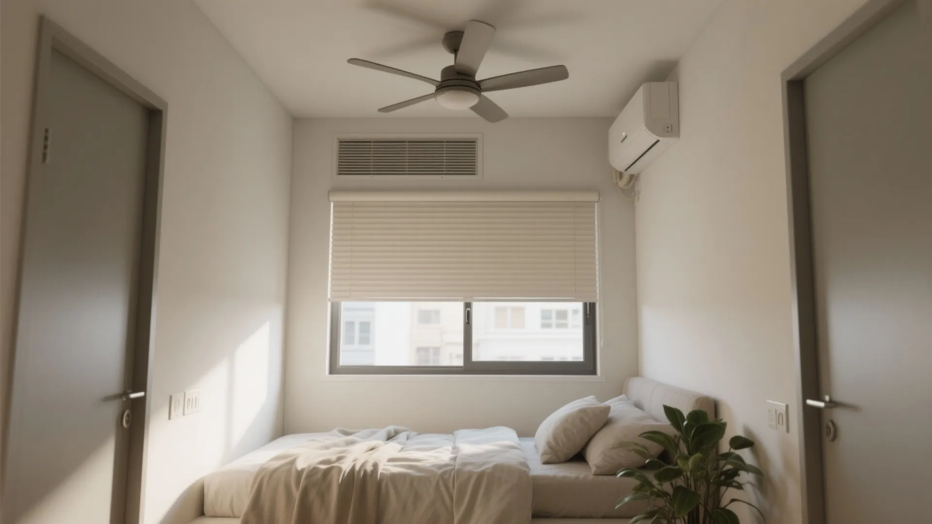 Small bedroom with a white bed, ceiling fan, air conditioner, window shade, and a plant