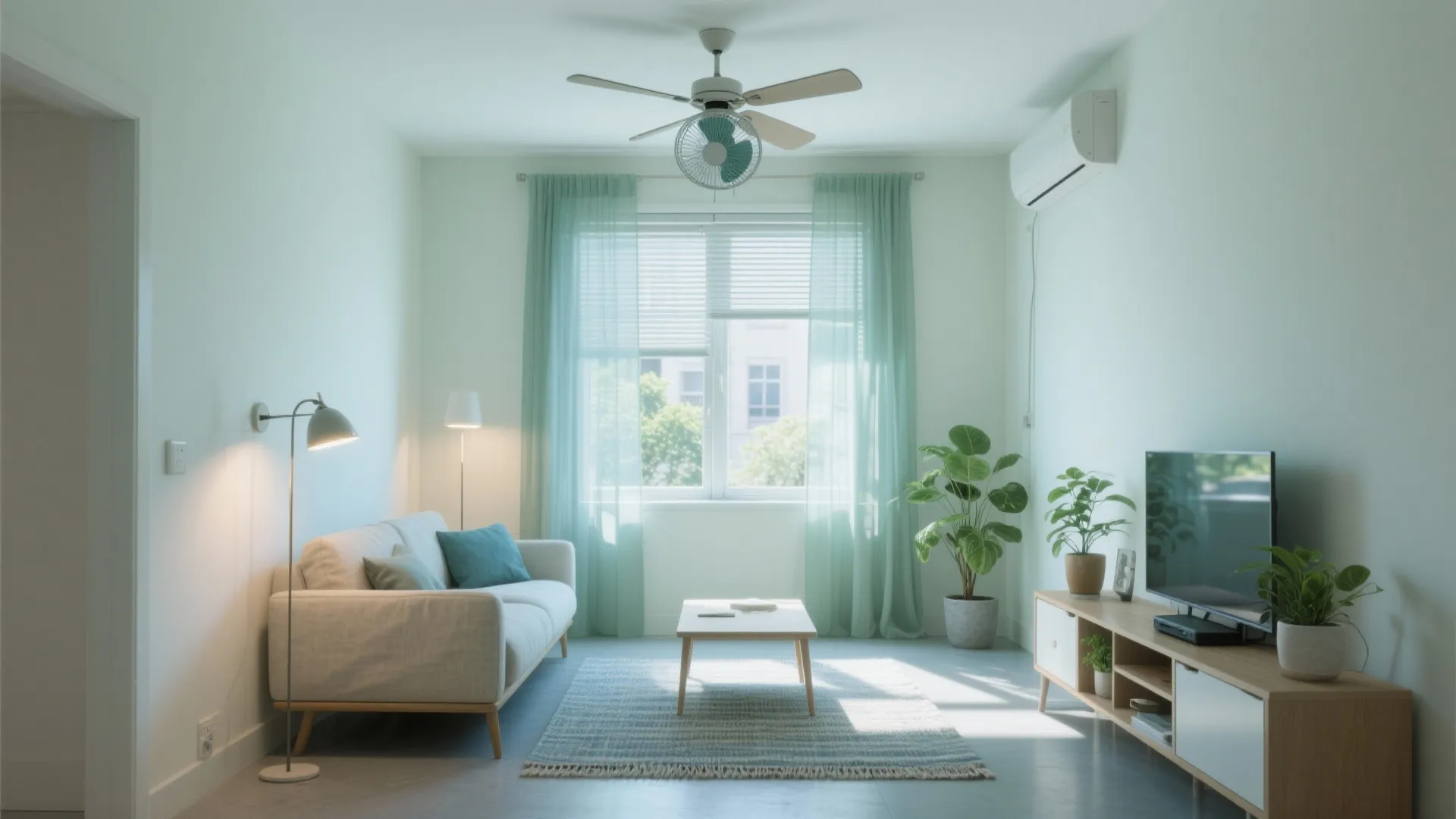 Bright living room with white sofa green curtains ceiling fan air conditioner plants and TV