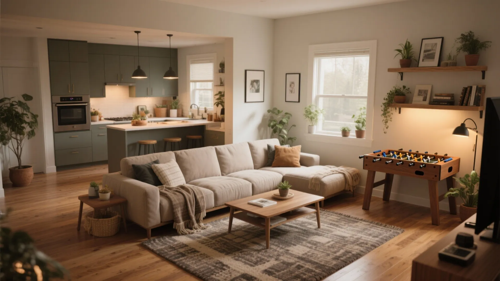 Open plan living room and kitchen featuring green cabinets sofa wooden coffee table and game table