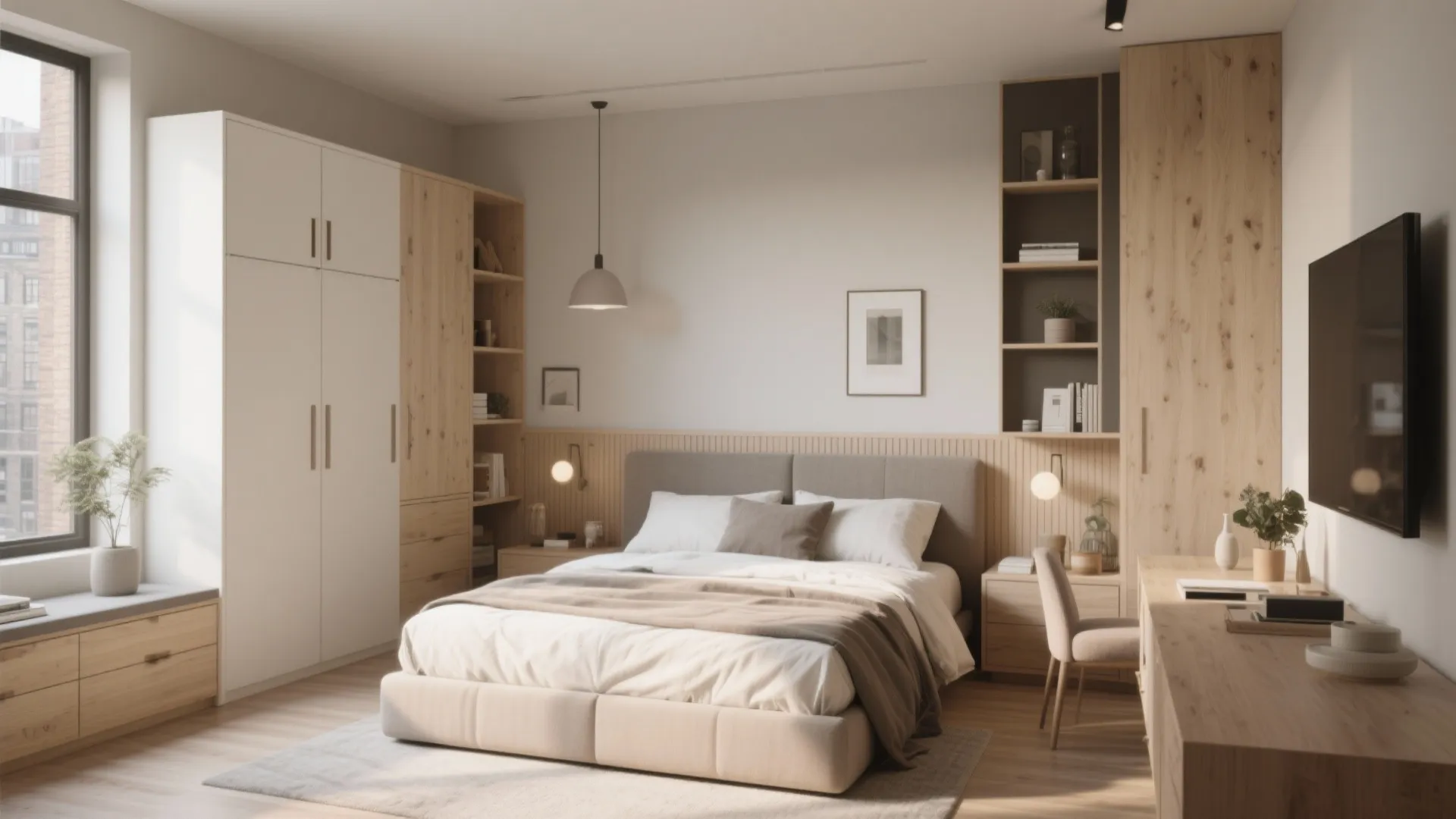 Contemporary bedroom featuring a large bed wooden desk white wardrobe and built in wall shelves