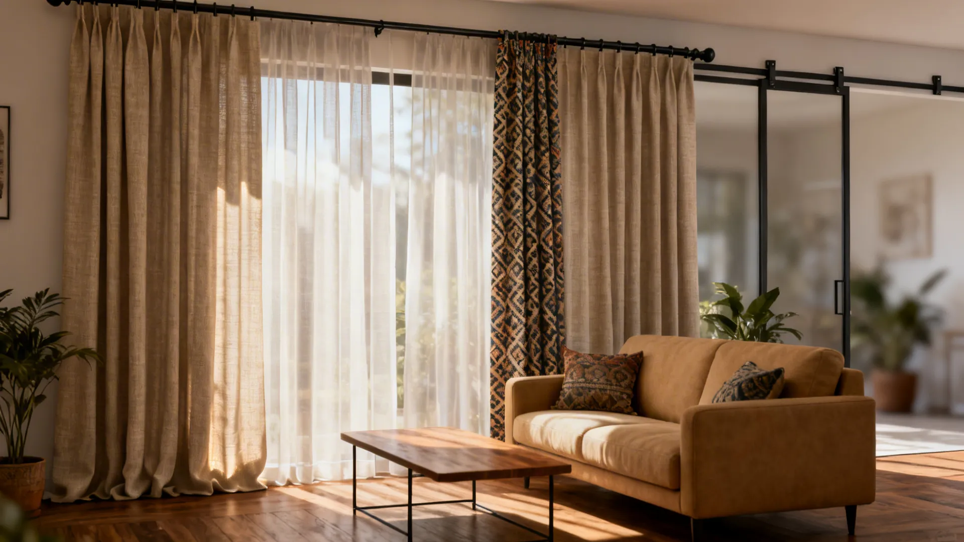 Modern living room with beige curtains white sheer curtains tan sofa wooden table and natural sunlight