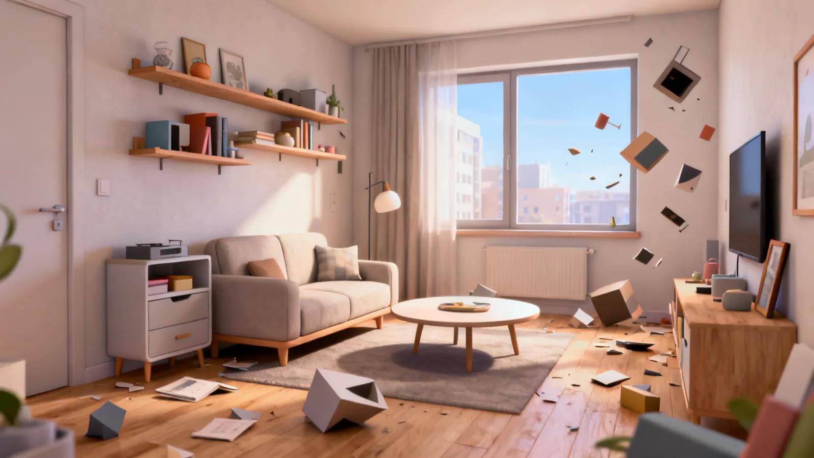 small apartment living room optimized with smart furniture layout in 3D render