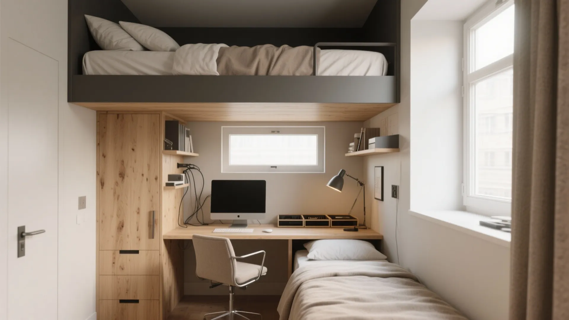 Compact bedroom with loft bed above a wooden desk setup featuring a computer and chair
