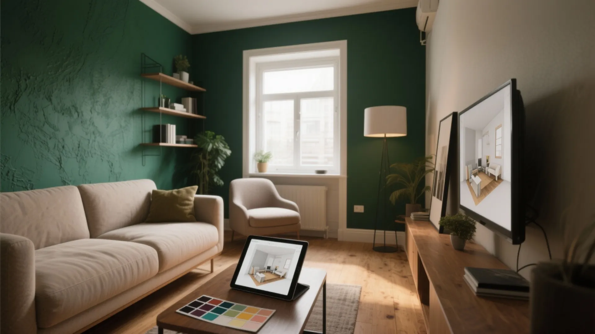 Modern living room with green walls beige sofa wooden floor floor lamp and interior design tablet