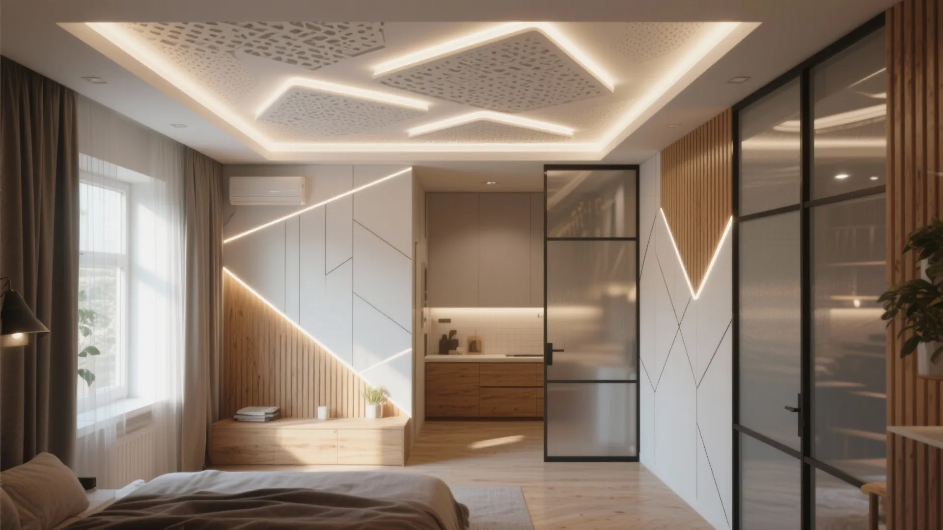 Modern bedroom with geometric wall panel lights glass door wooden floor and recessed ceiling light