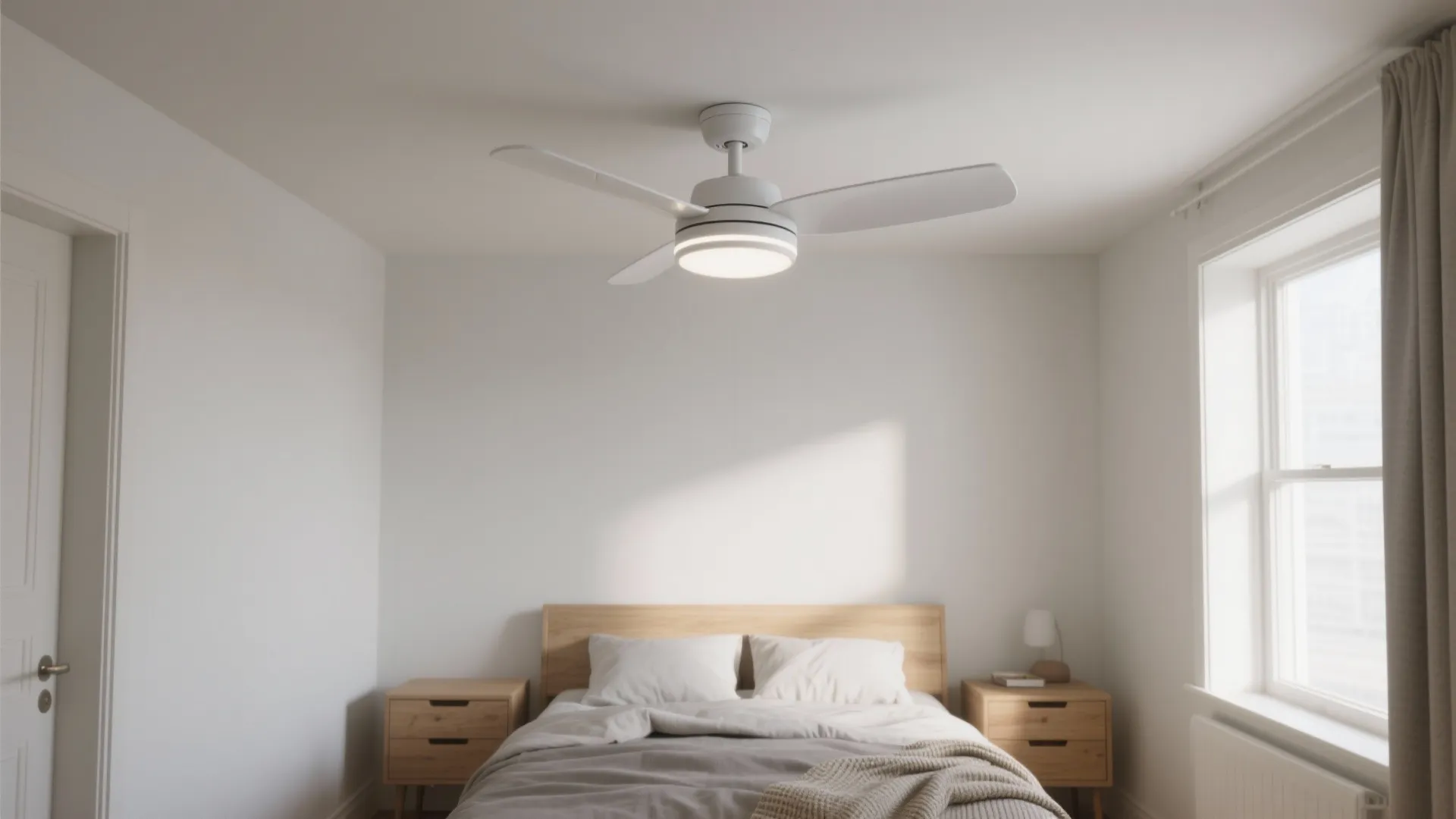 Modern white bedroom featuring a wooden bed and a ceiling light fan in the center