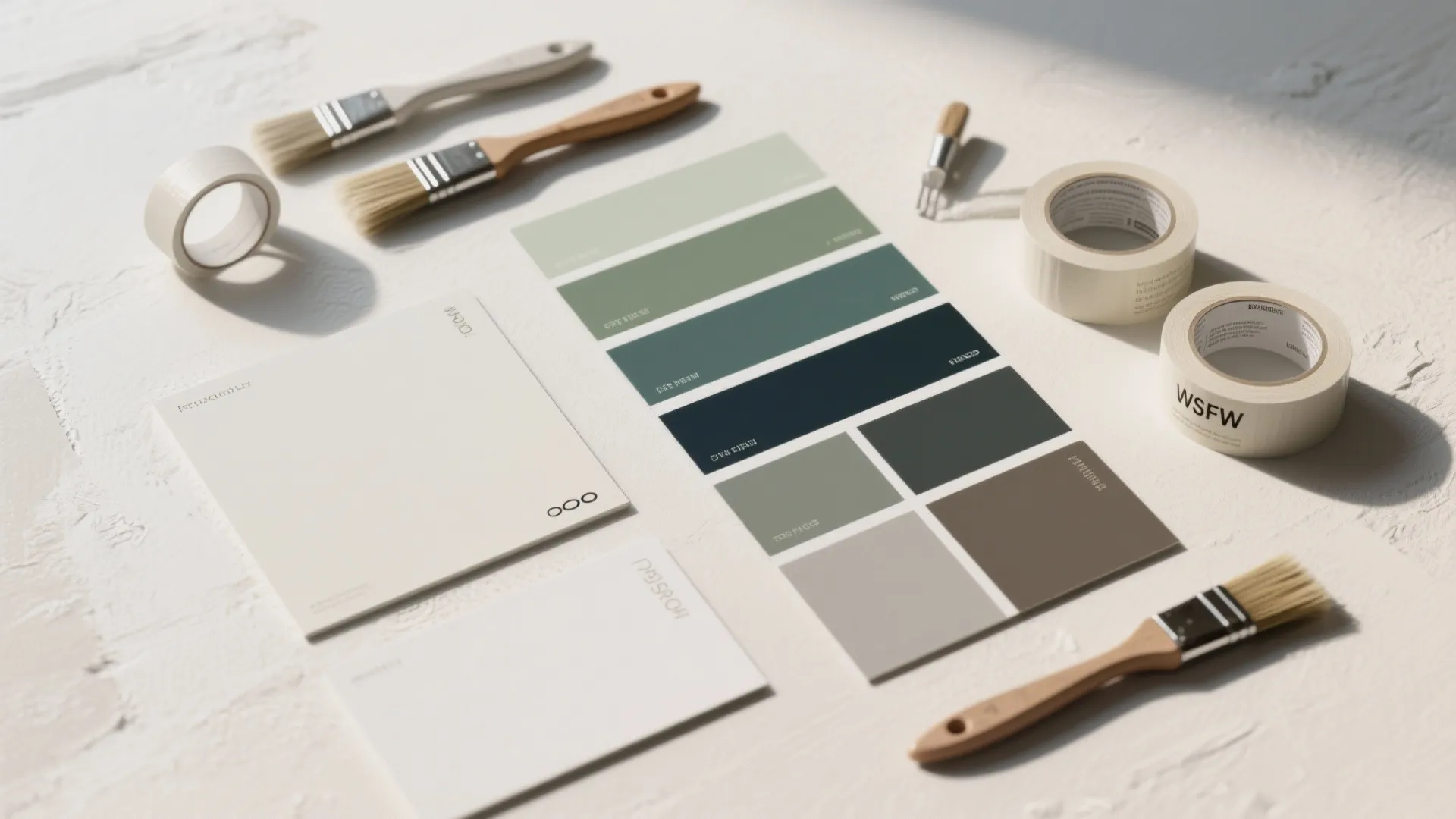 Paint color palette cards with green shades brushes and tape rolls on a white background