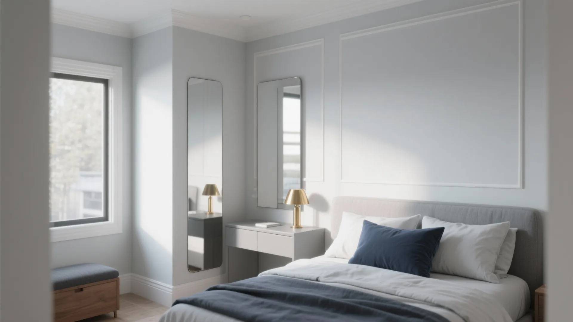 Modern gray bedroom with a bed, blue pillow, gold table lamp, desk, and tall mirror