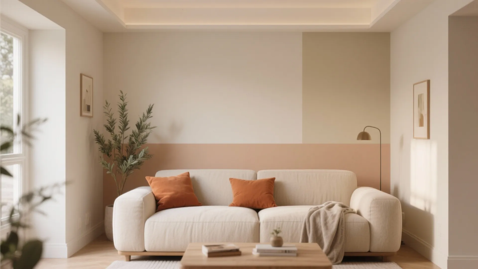 Modern living room with beige sofa orange pillows green plant wall light and neutral wall colors