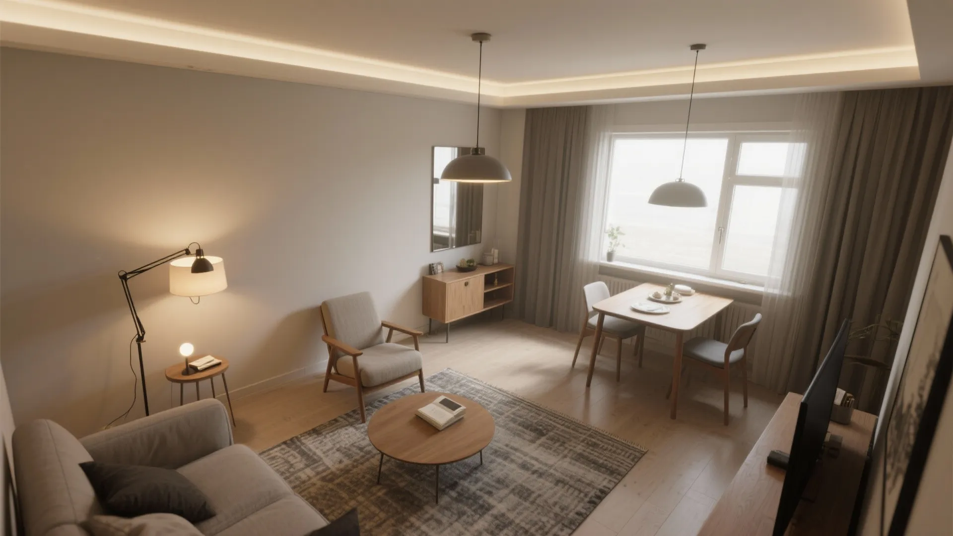 Open plan living and dining room area with grey sofa wooden table and hanging ceiling lights