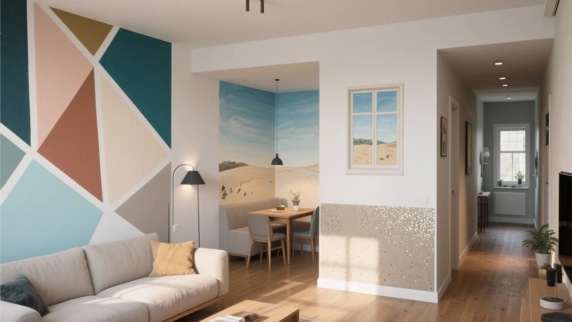 Modern apartment interior with geometric wall art, small dining area, light wood floor and sofa