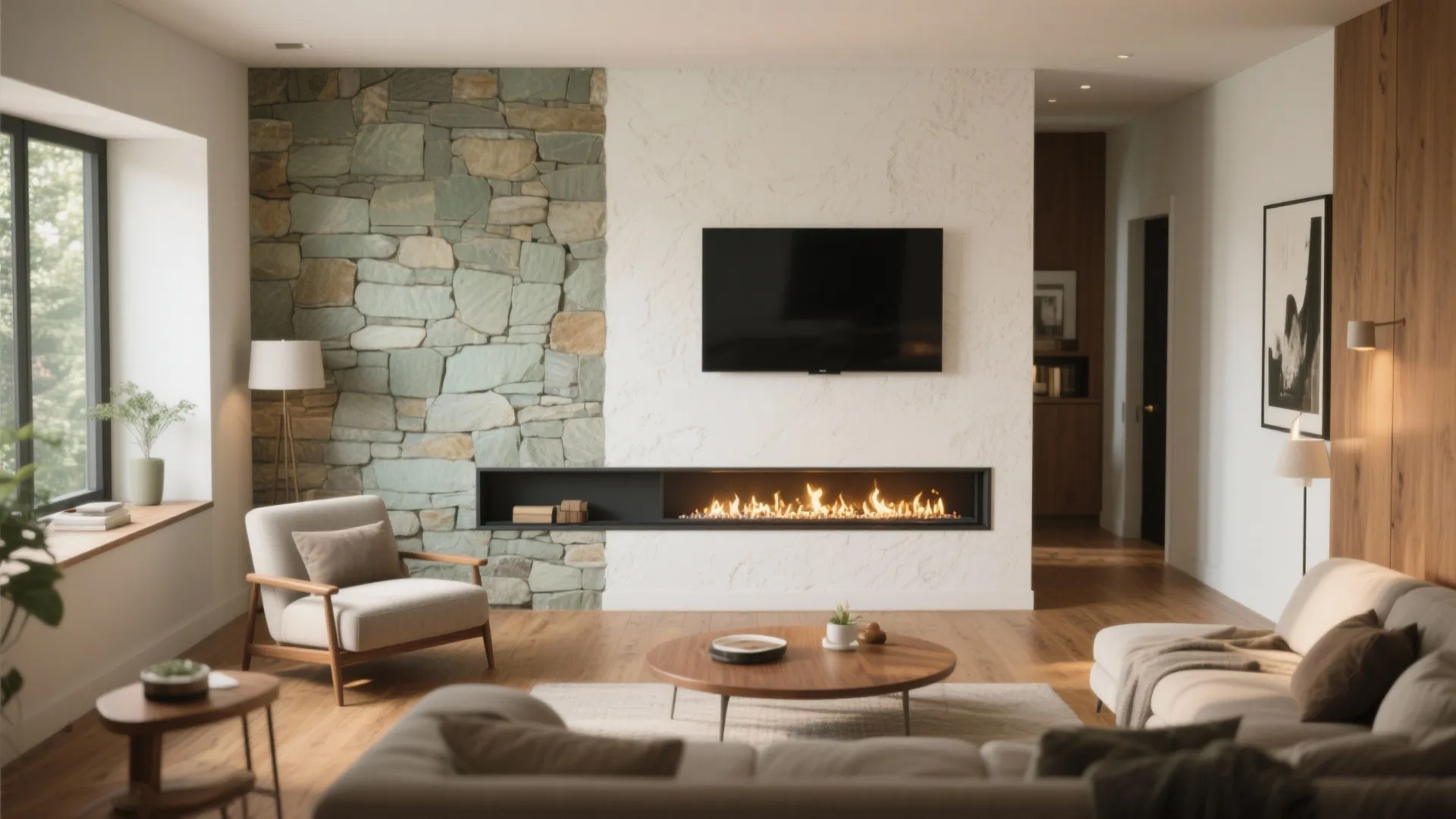 Modern living room featuring a stone wall with television above a long gas fireplace and rug