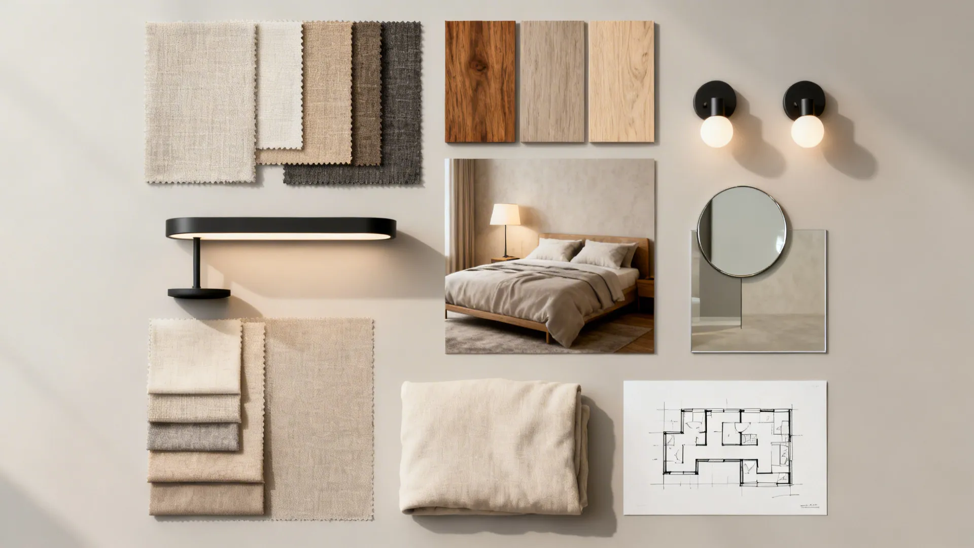 Flatlay of fabric and wood swatches, lighting samples, and a small plan sketch for a tiny bedroom