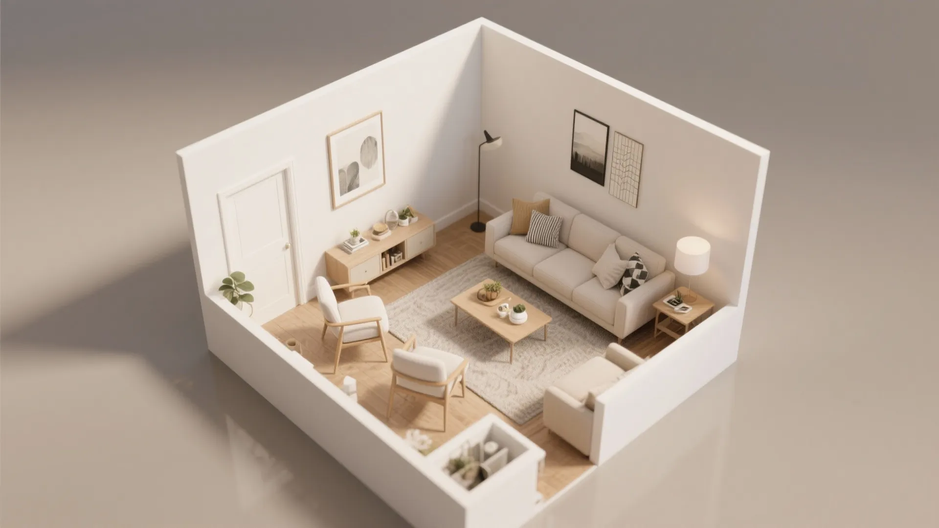Top view interior design drawing of a small living room with sofa chairs and cabinet