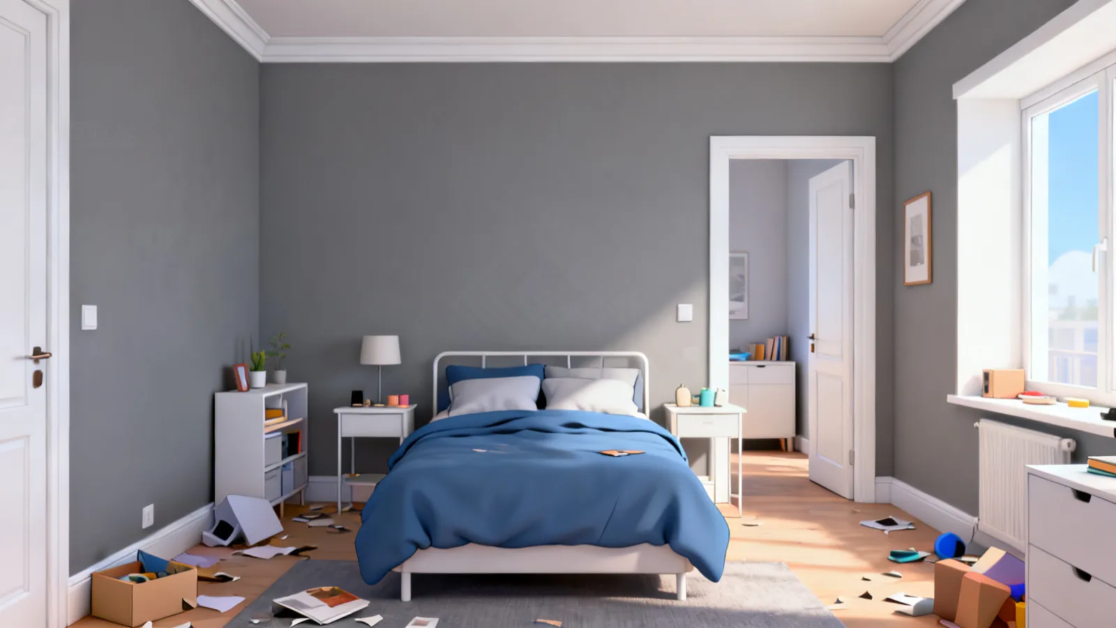 Small modern room with gray walls white trim and muted blue accents