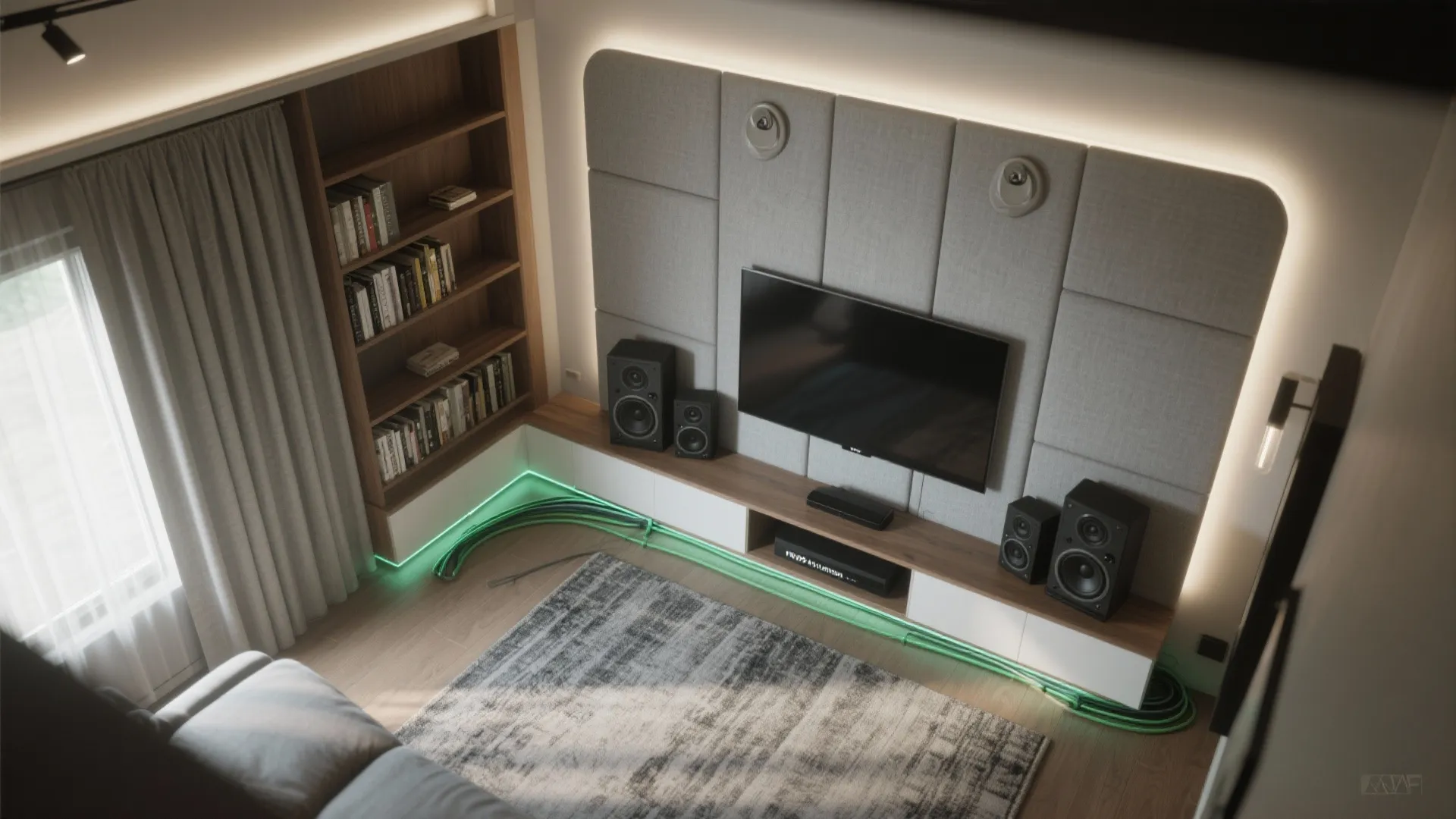Compact media room with a wall panel mounted television speakers bookshelf and soft floor rug