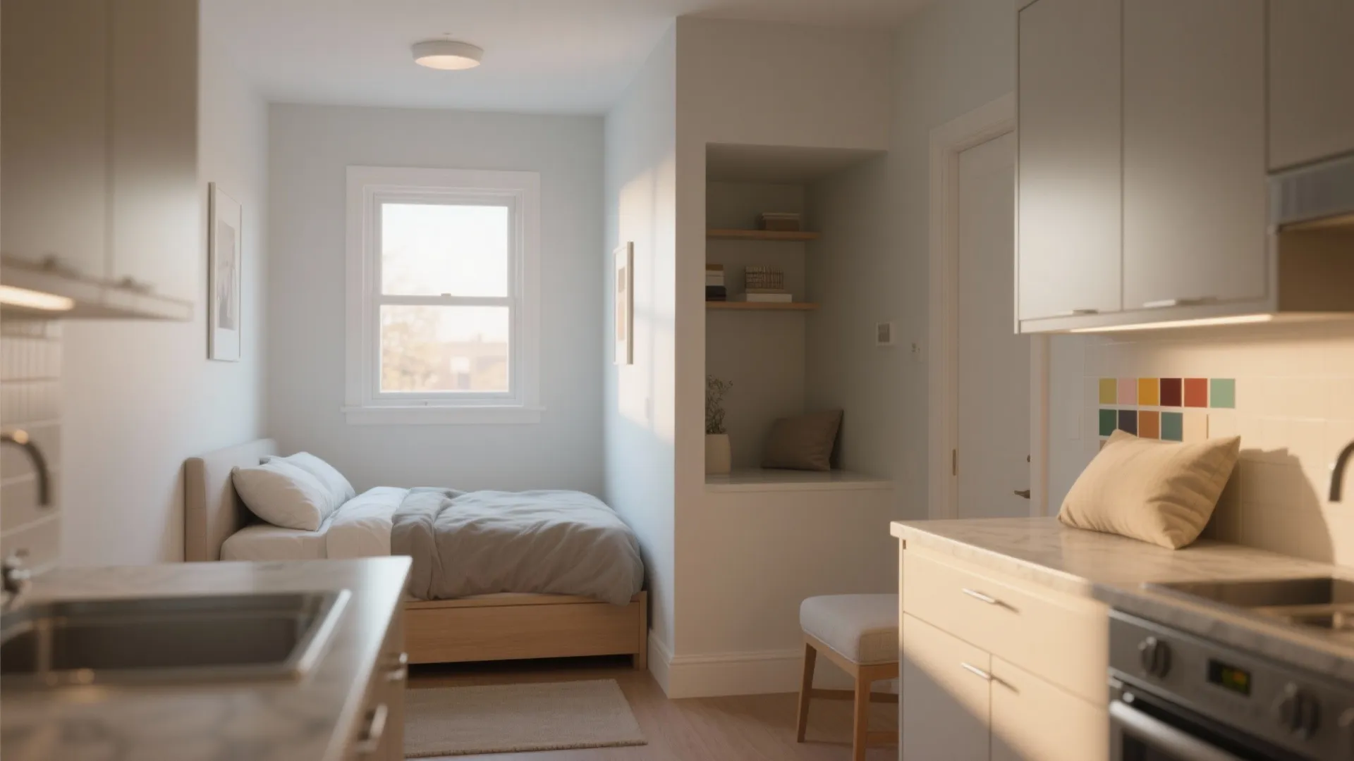 Small studio apartment with bed next to window, wall shelves, and kitchen cabinets in foreground
