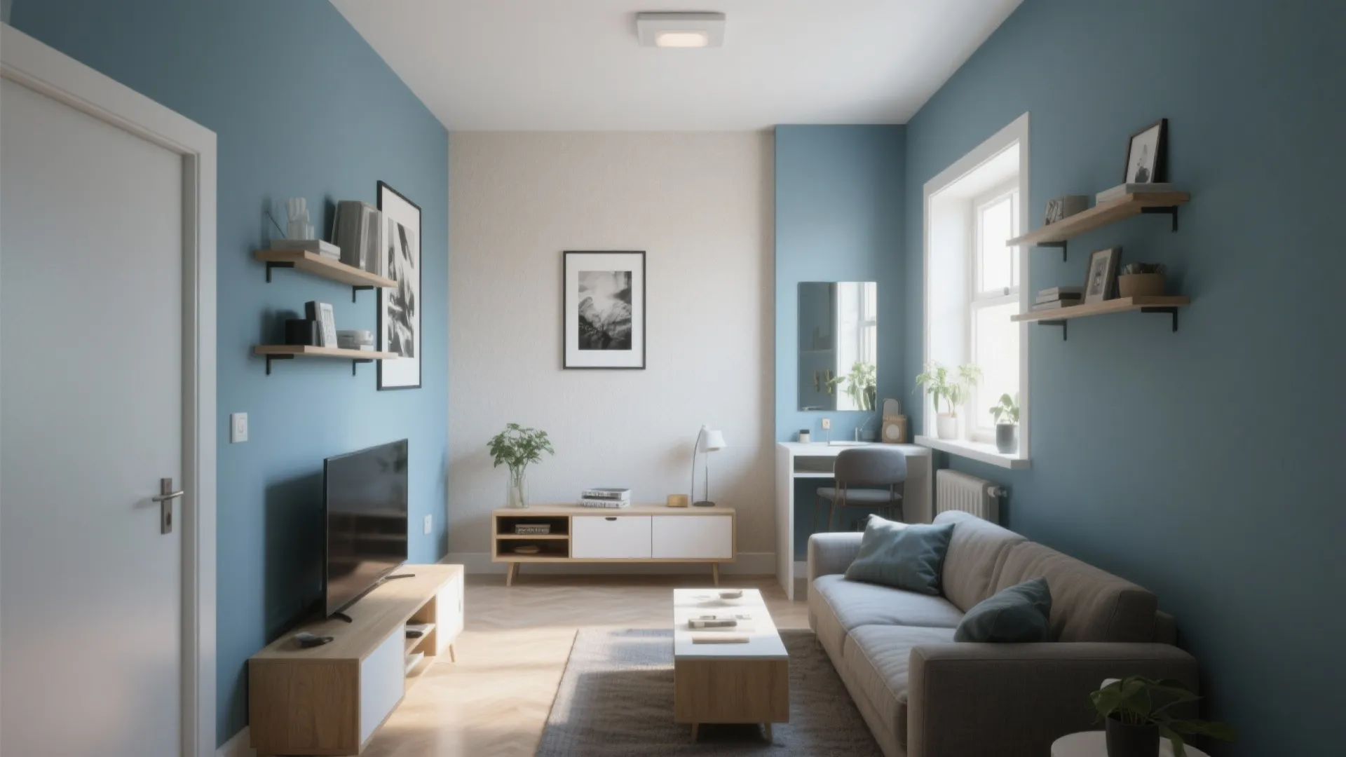 Small living room using blue-grey on three walls, lighter focal wall, mirrors and multifunction furniture to create depth.