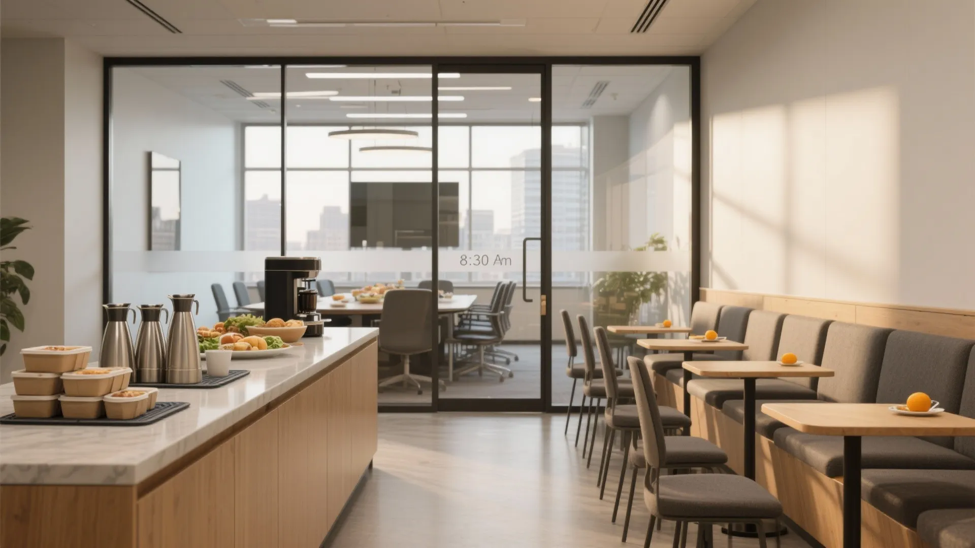 Modern office cafeteria with wooden counter snacks and glass doors leading to a meeting room