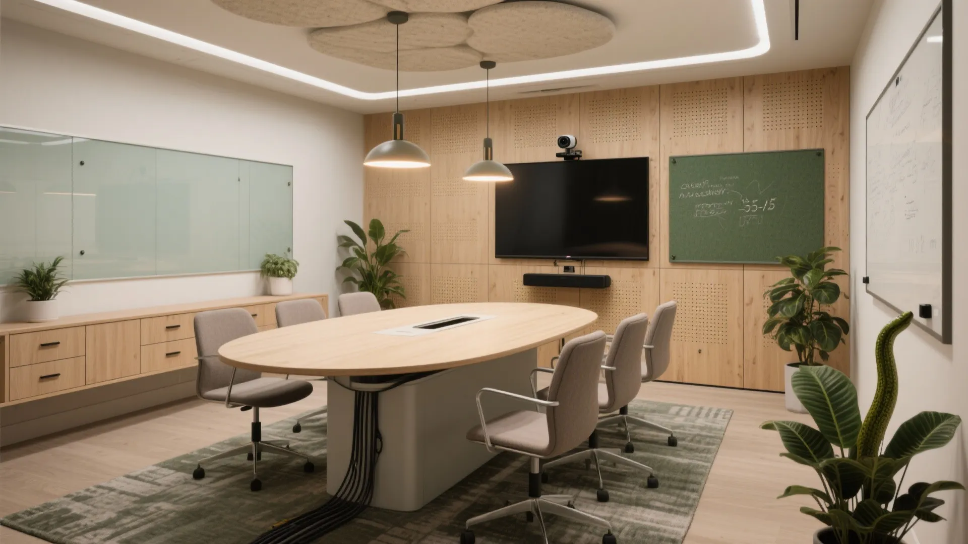 Conference room interior design with oval table, grey chairs, television, wood wall panels, and plants