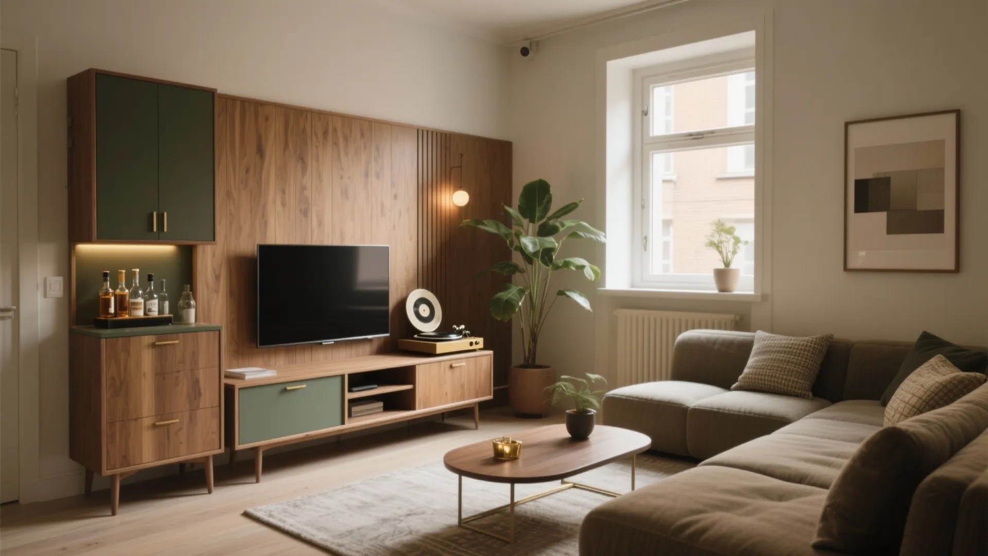 Modern living room featuring wood wall panels green cabinets brown sofa coffee table and plant