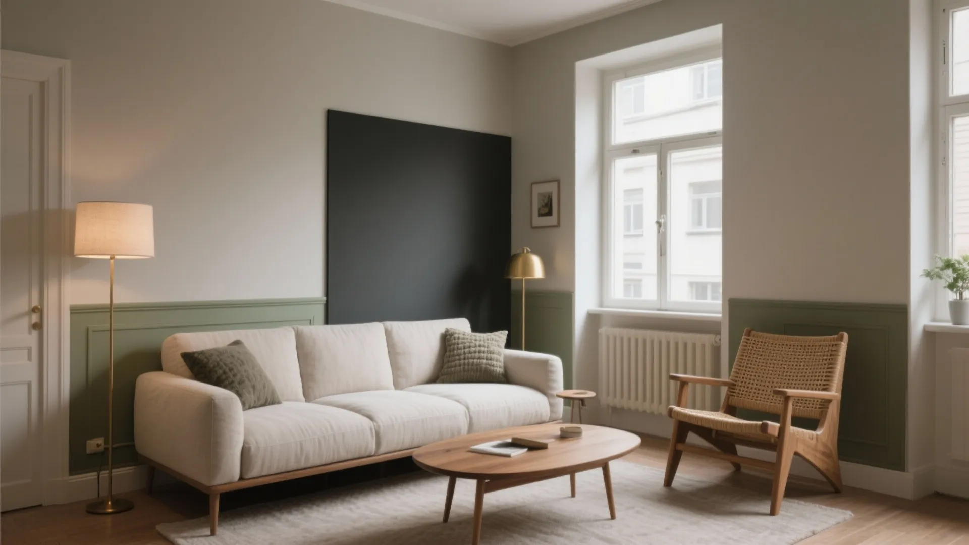 Modern living room with white sofa wooden coffee table woven chair floor lamp and green panels