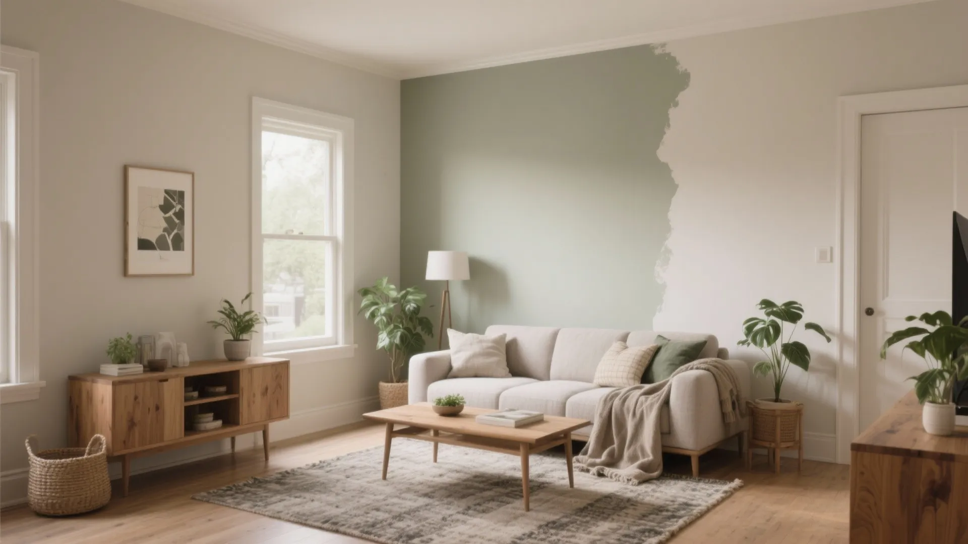 Bright living room with beige sofa wooden cabinet green wall paint and many indoor plants
