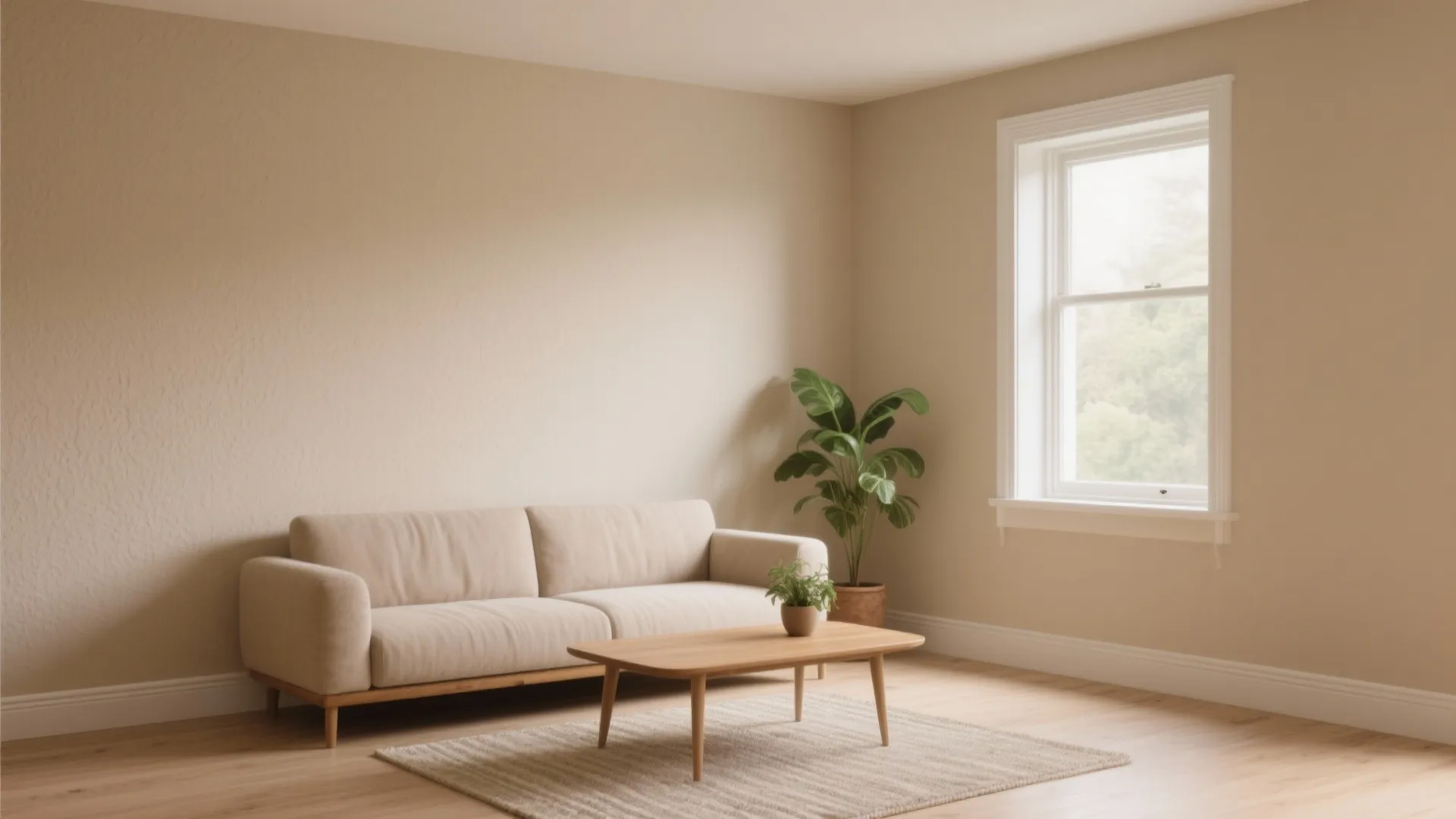 Minimalist living room with beige sofa wood coffee table green plant and bright window view