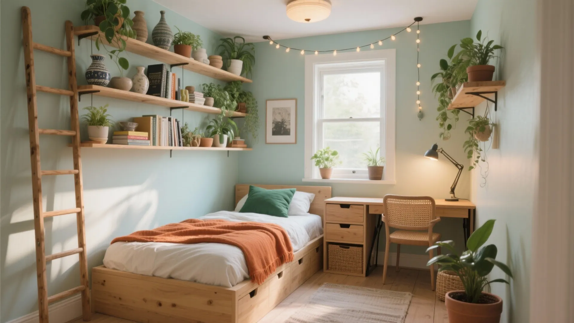 Small bedroom with light green walls wooden bed desk many wall plants and natural light