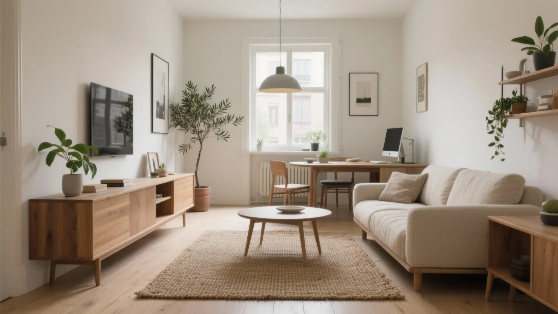 Modern bright living room with cream sofa wooden cabinet round coffee table and large window view